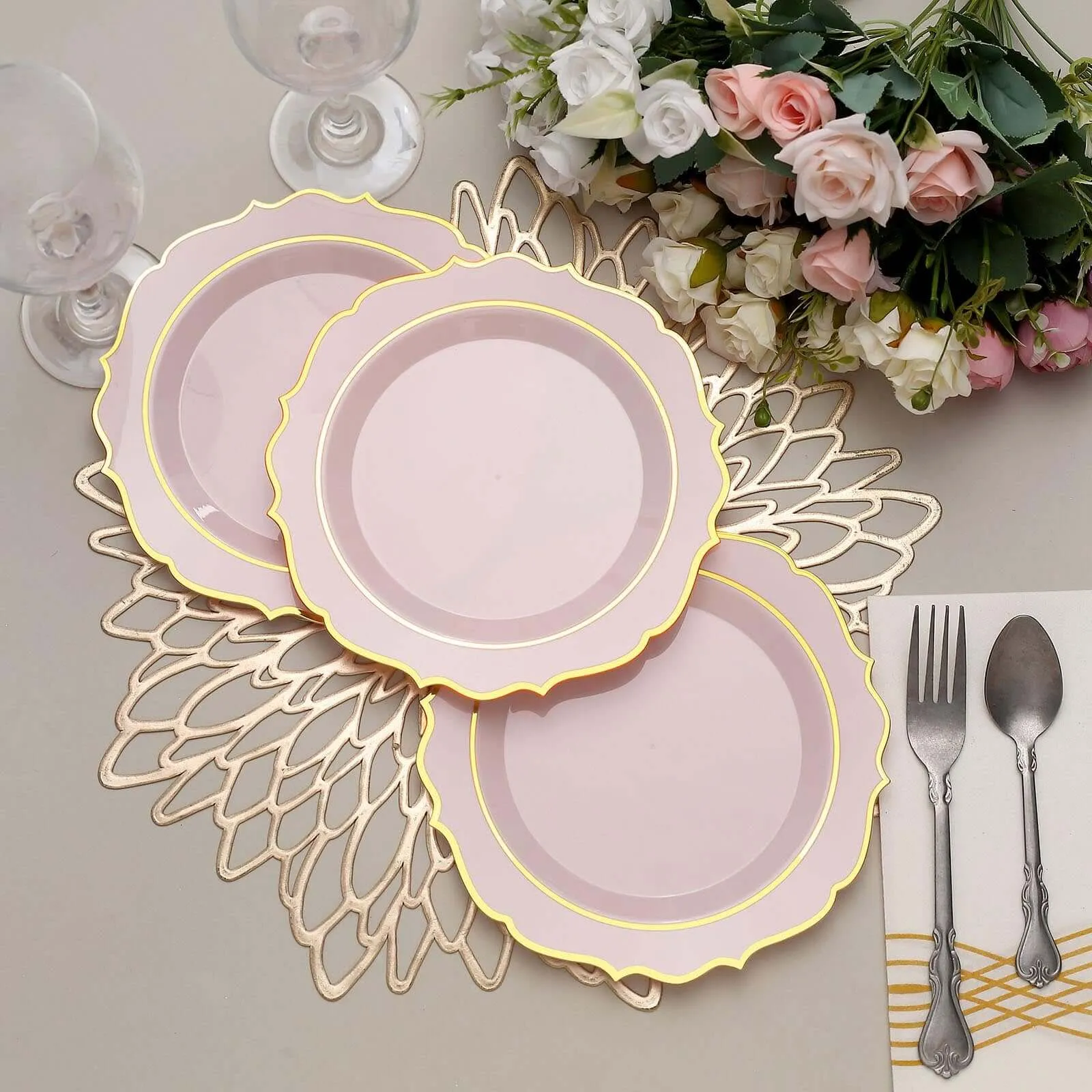 10 Pack 8" Blush Plastic Dessert Salad Plates, Disposable Tableware Round With Gold Scalloped Rim