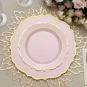 10 Pack 8" Blush Plastic Dessert Salad Plates, Disposable Tableware Round With Gold Scalloped Rim