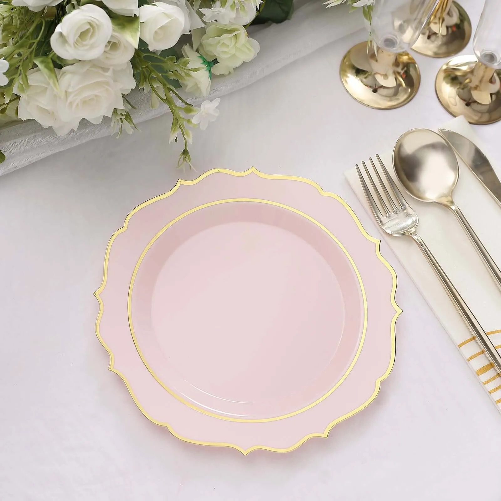 10 Pack 8" Blush Plastic Dessert Salad Plates, Disposable Tableware Round With Gold Scalloped Rim