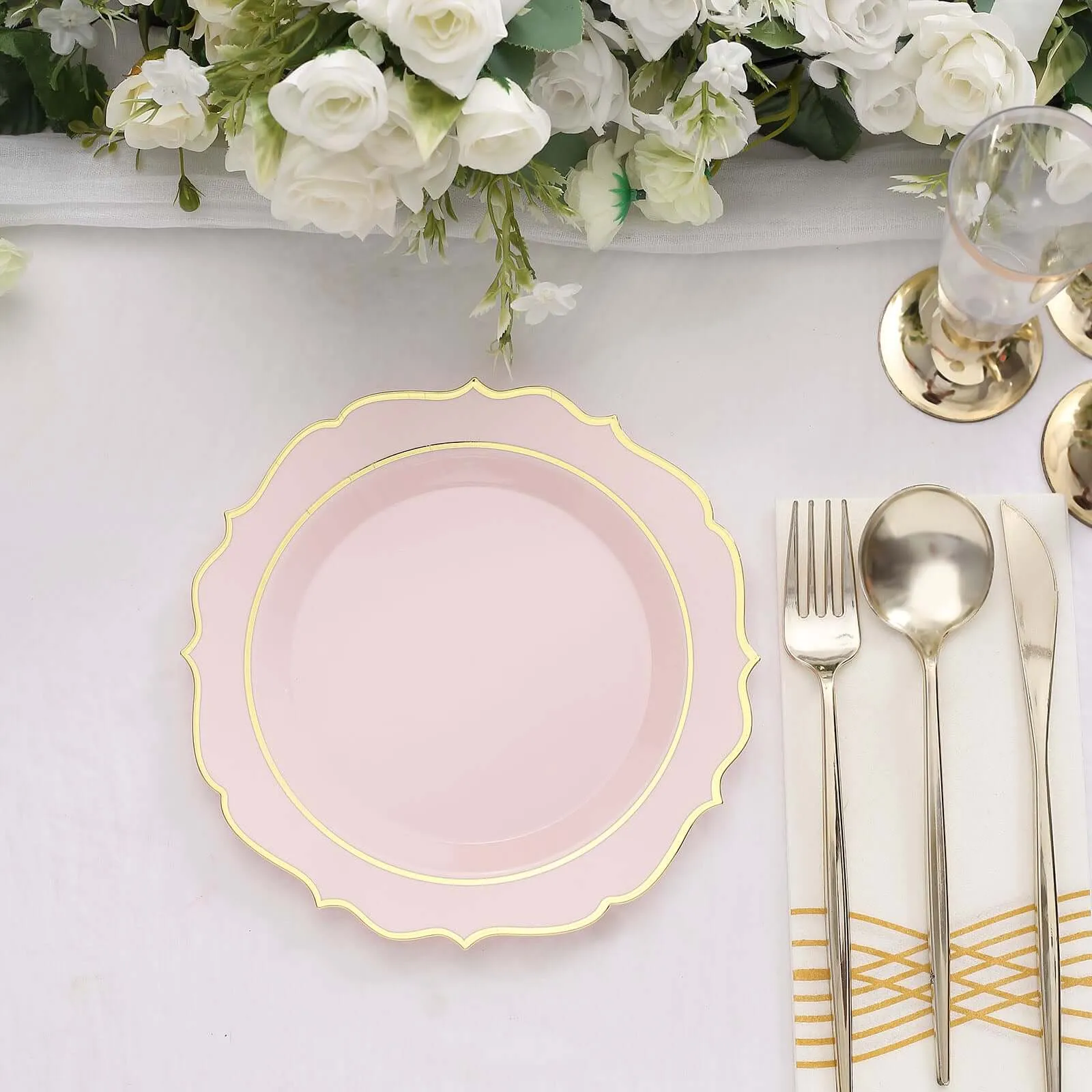 10 Pack 8" Blush Plastic Dessert Salad Plates, Disposable Tableware Round With Gold Scalloped Rim