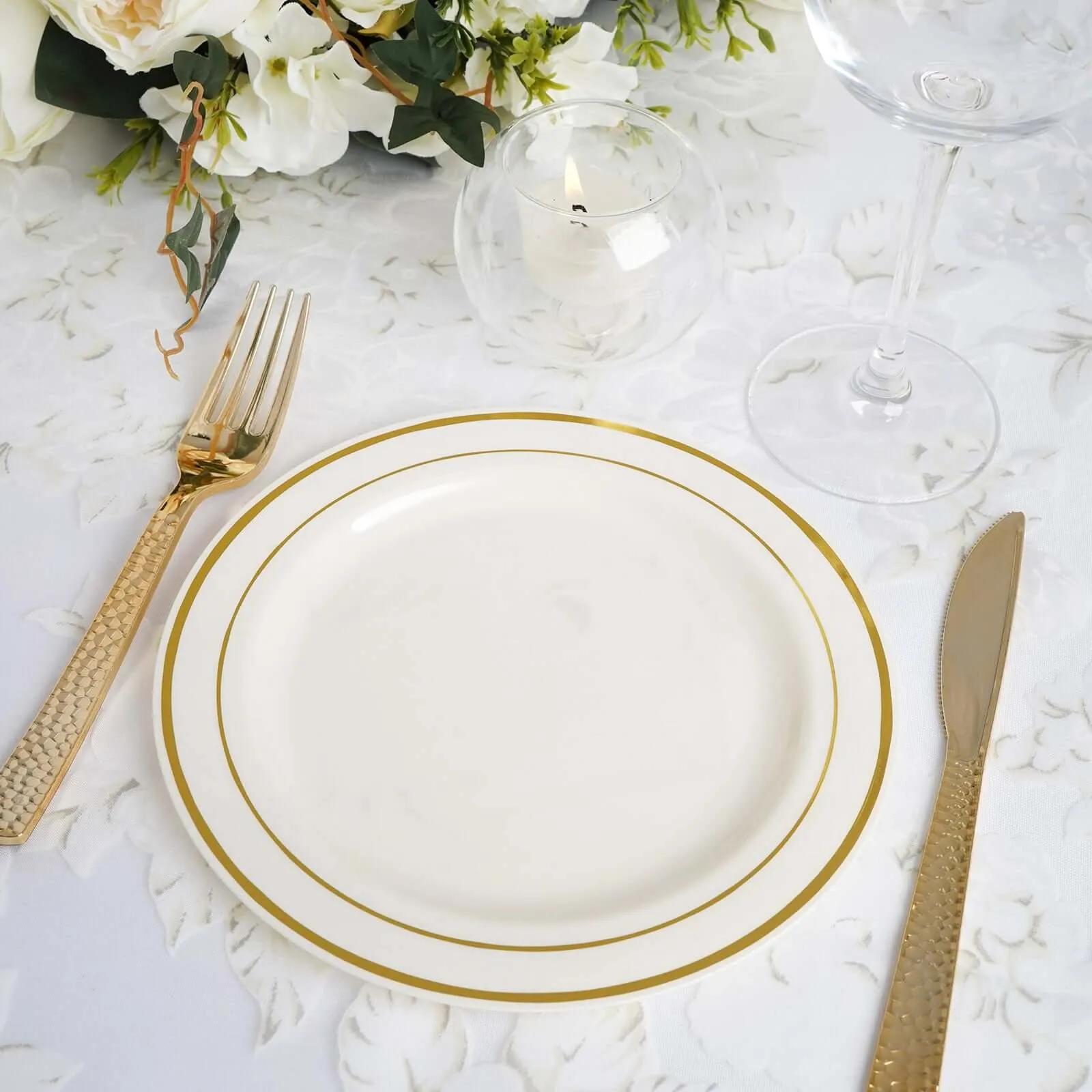 10 Pack 8" Très Chic Gold Rim Ivory Disposable Salad Plates, Plastic Dessert Appetizer Plates