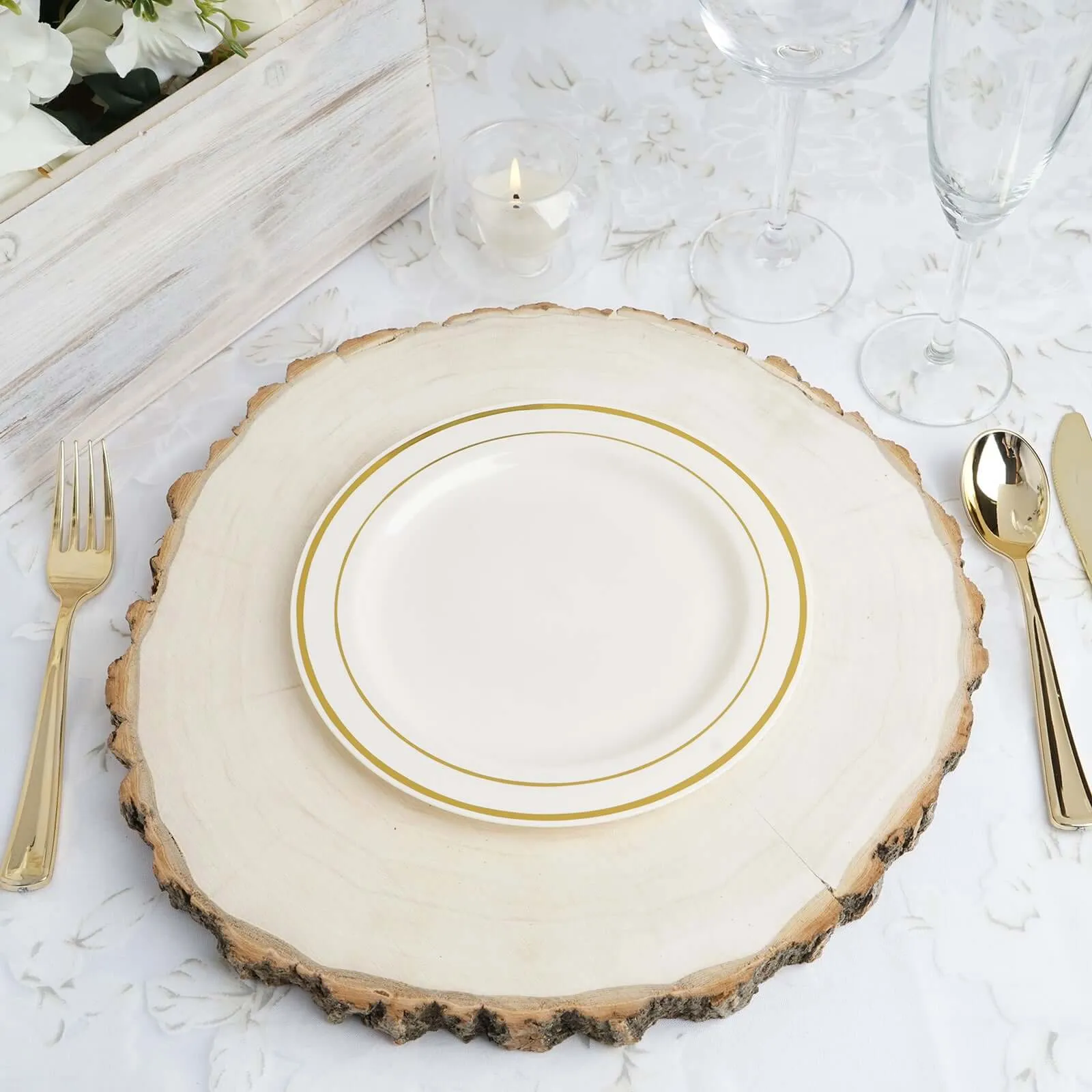 10 Pack 8" Très Chic Gold Rim Ivory Disposable Salad Plates, Plastic Dessert Appetizer Plates