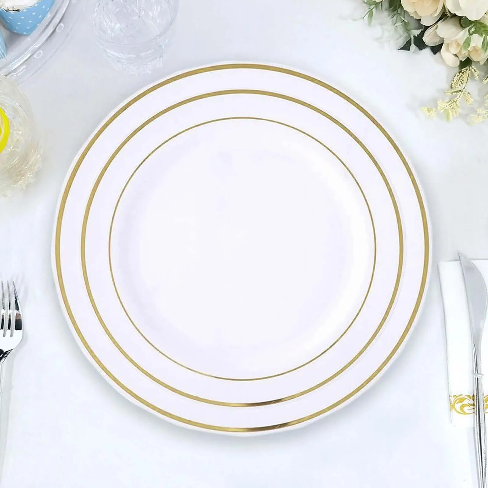 10 Pack 8" Très Chic Gold Rim Ivory Disposable Salad Plates, Plastic Dessert Appetizer Plates