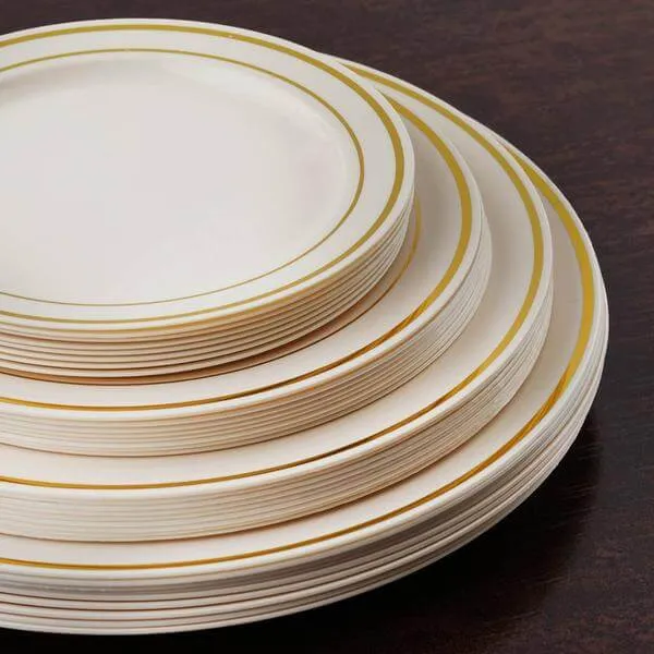 10 Pack 8" Très Chic Gold Rim Ivory Disposable Salad Plates, Plastic Dessert Appetizer Plates