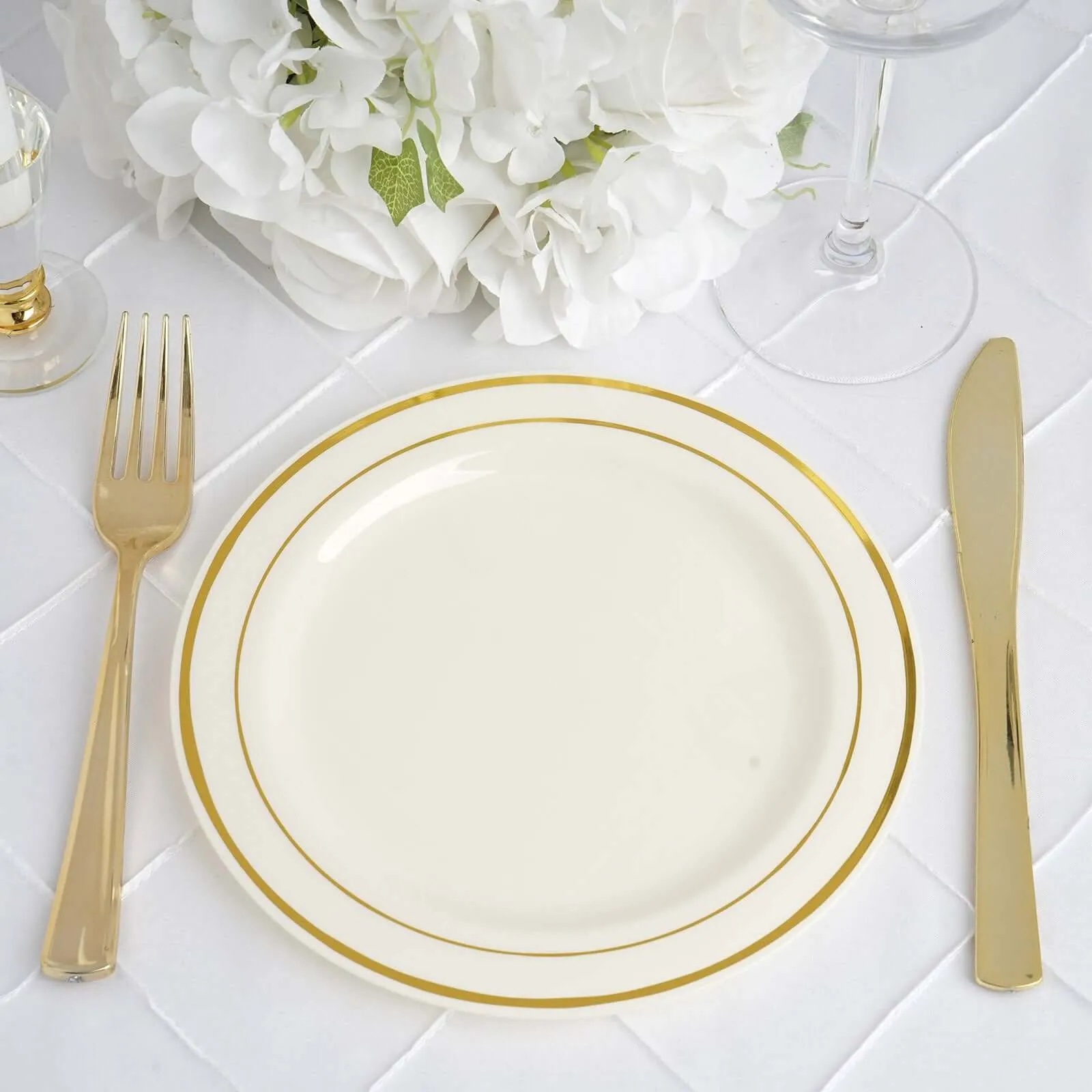 10 Pack 8" Très Chic Gold Rim Ivory Disposable Salad Plates, Plastic Dessert Appetizer Plates