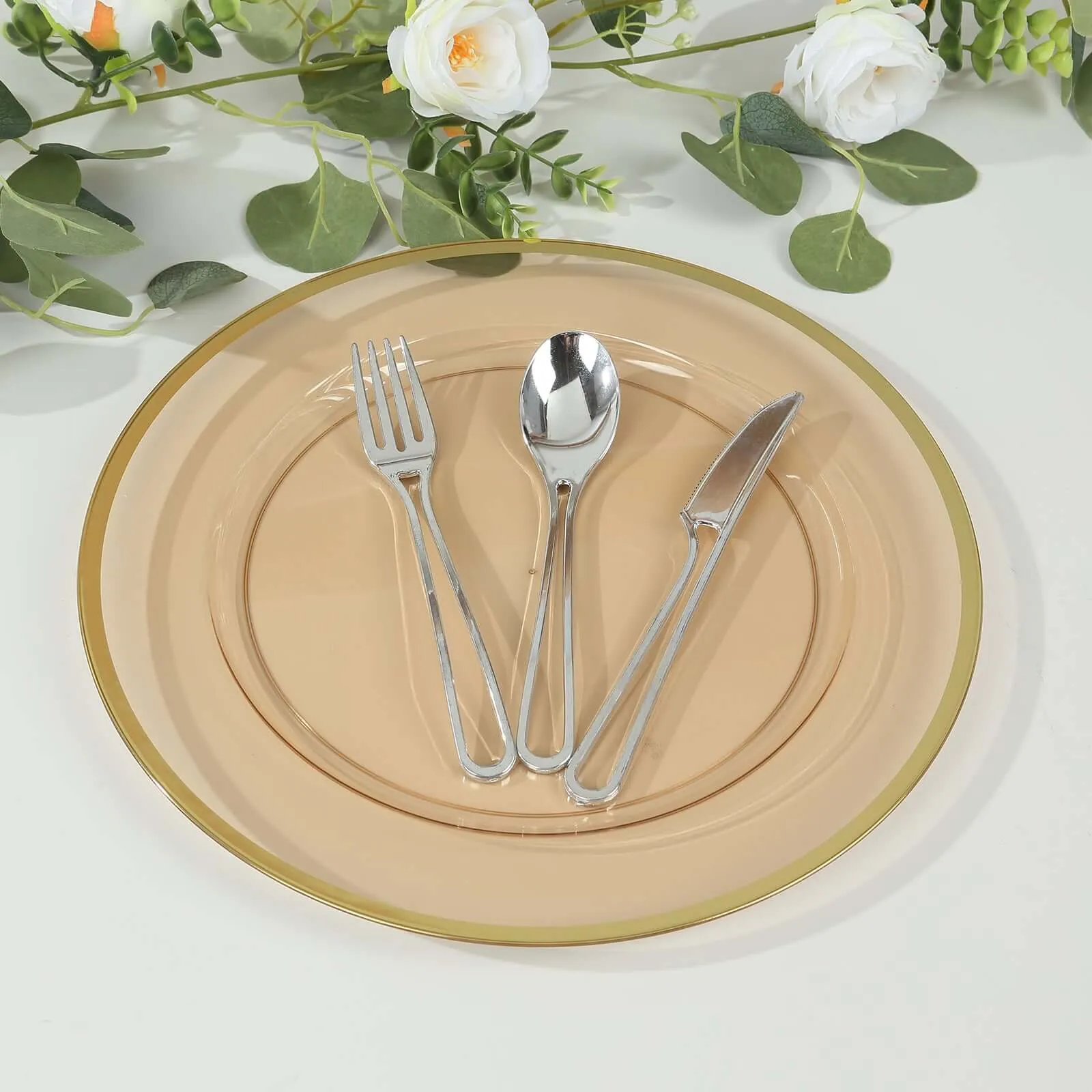 10 Pack Amber Gold Economy Plastic Charger Plates With Gold Rim, 12" Round Transparent Dinner Chargers Event Tabletop Decor