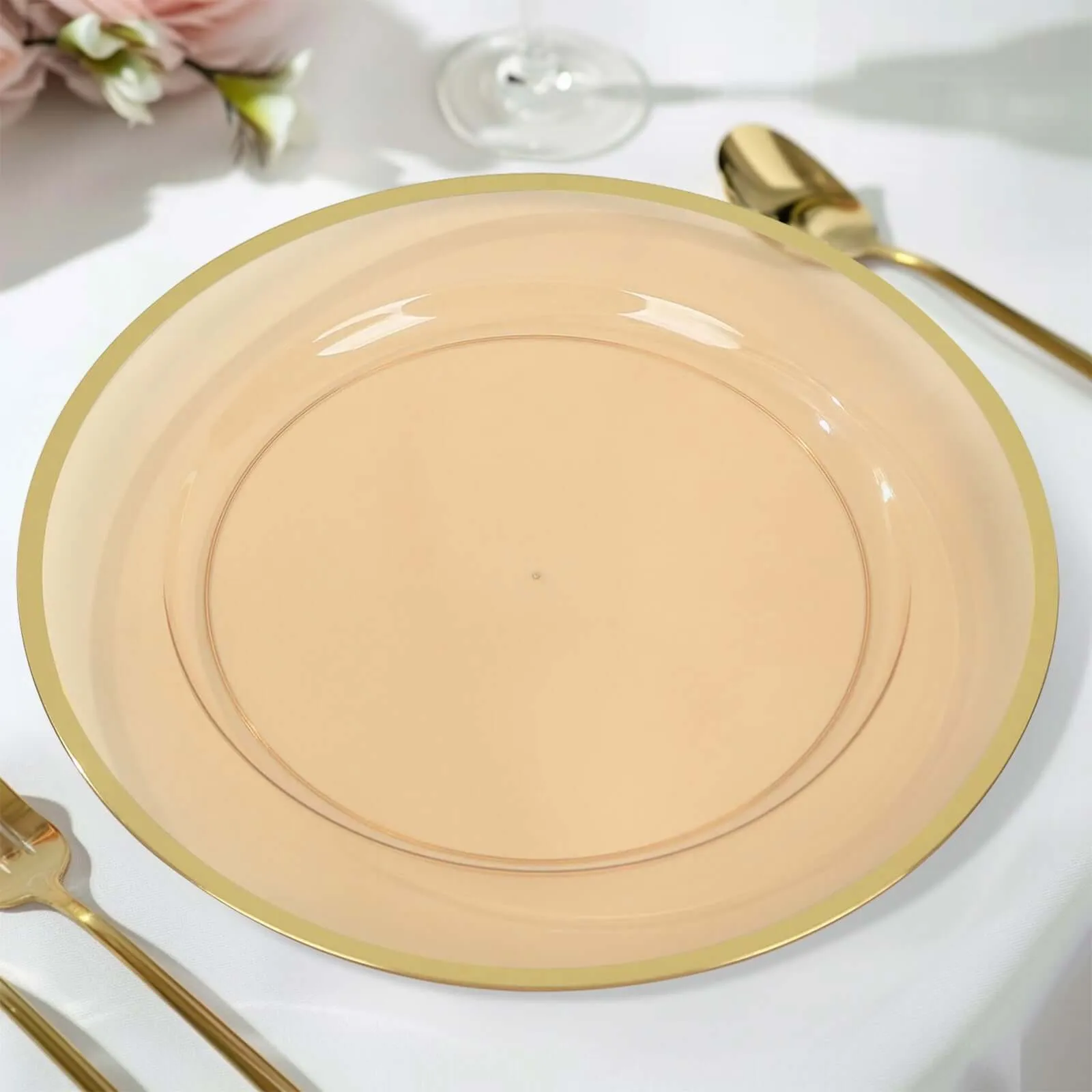 10 Pack Amber Gold Economy Plastic Charger Plates With Gold Rim, 12" Round Transparent Dinner Chargers Event Tabletop Decor