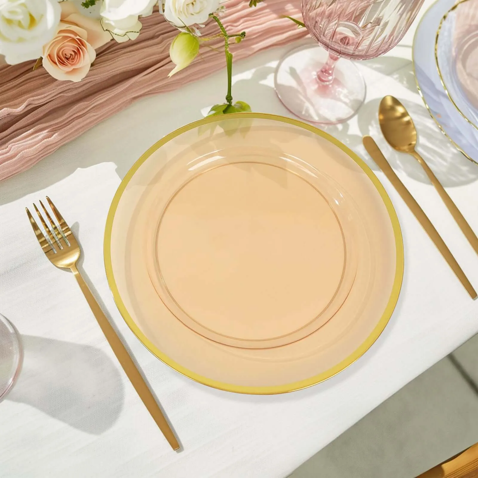 10 Pack Amber Gold Economy Plastic Charger Plates With Gold Rim, 12" Round Transparent Dinner Chargers Event Tabletop Decor