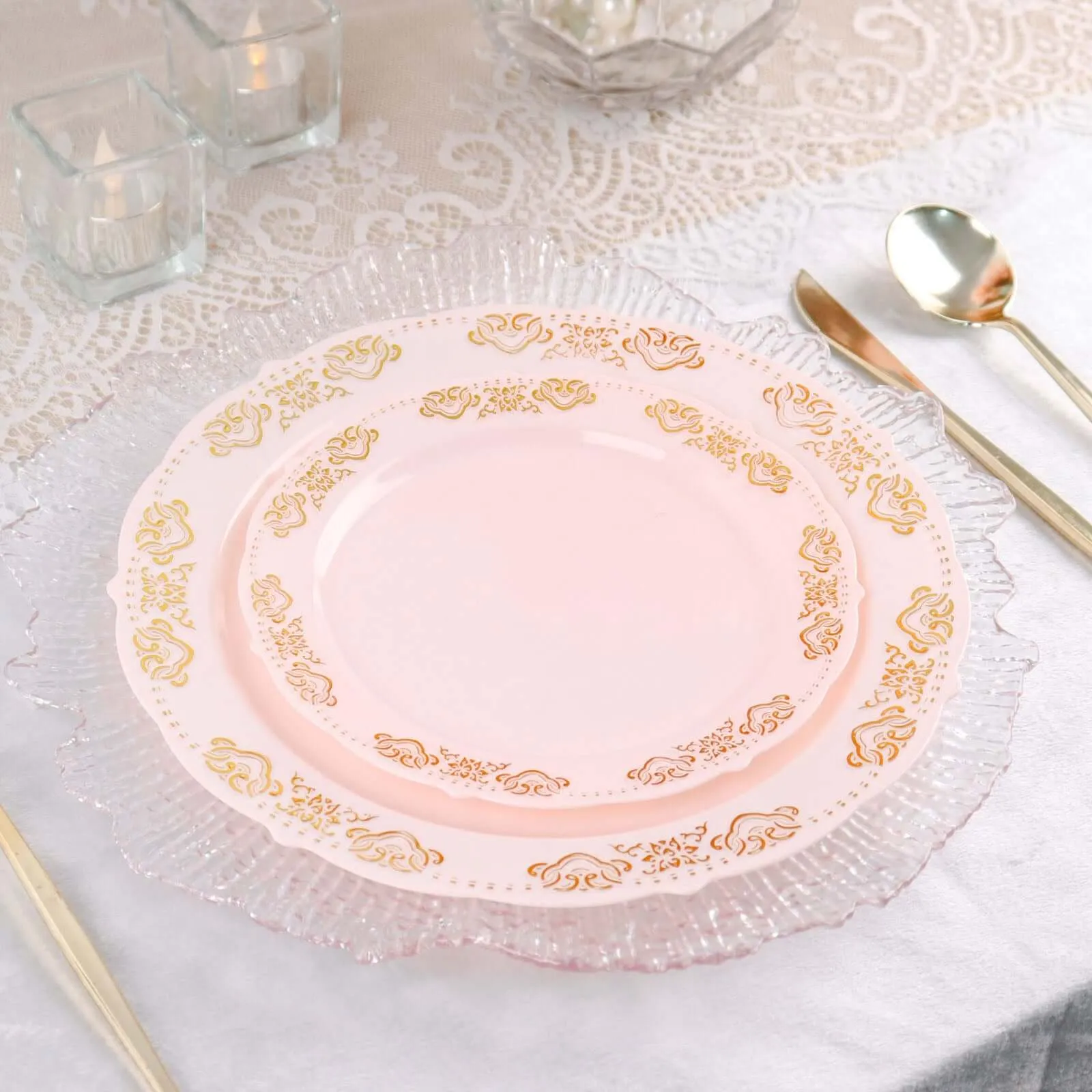 10 Pack Gold Embossed 10" Plastic Dinner Plates - Round Blush With Scalloped Edges