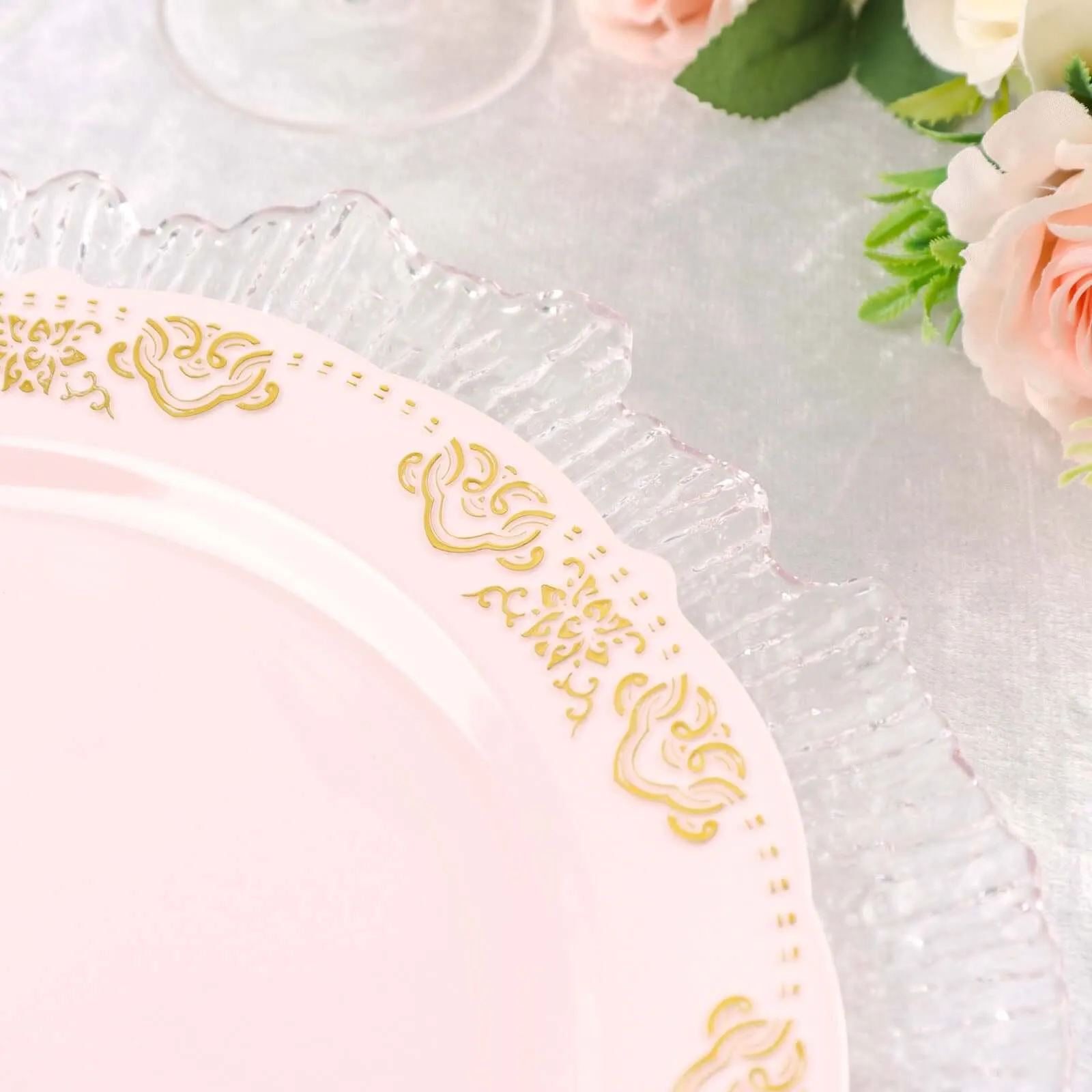 10 Pack Gold Embossed 10" Plastic Dinner Plates - Round Blush With Scalloped Edges