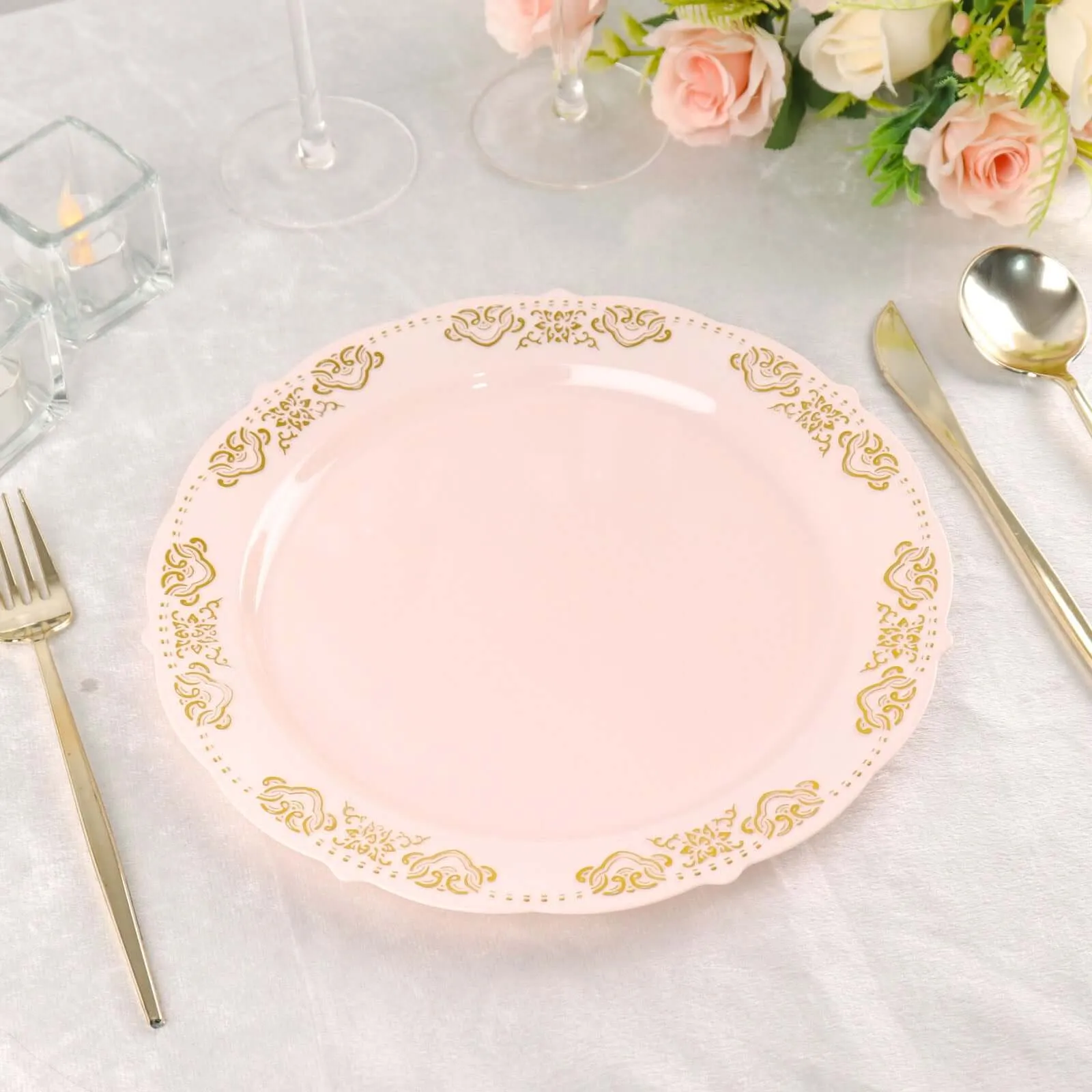 10 Pack Gold Embossed 10" Plastic Dinner Plates - Round Blush With Scalloped Edges