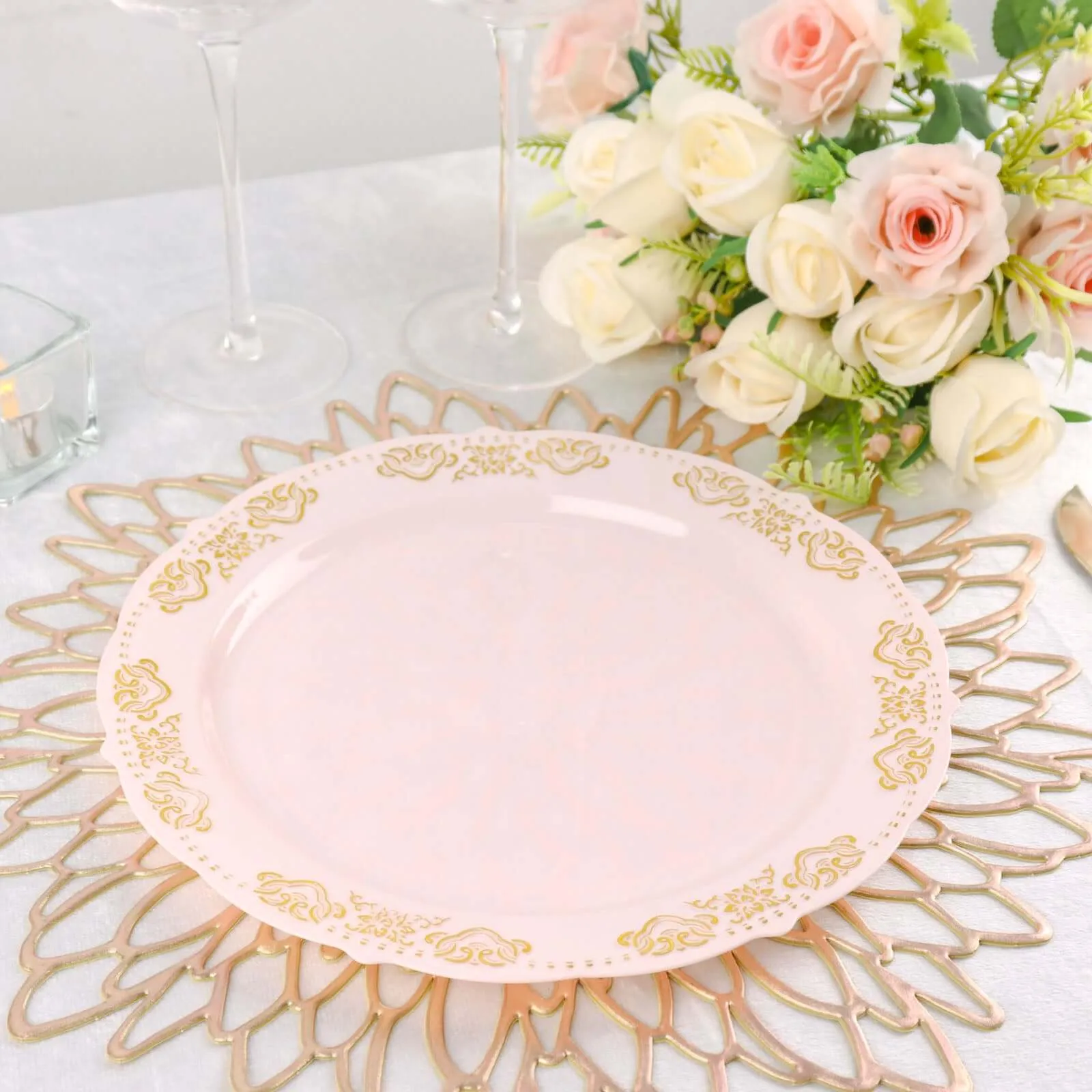 10 Pack Gold Embossed 10" Plastic Dinner Plates - Round Blush With Scalloped Edges