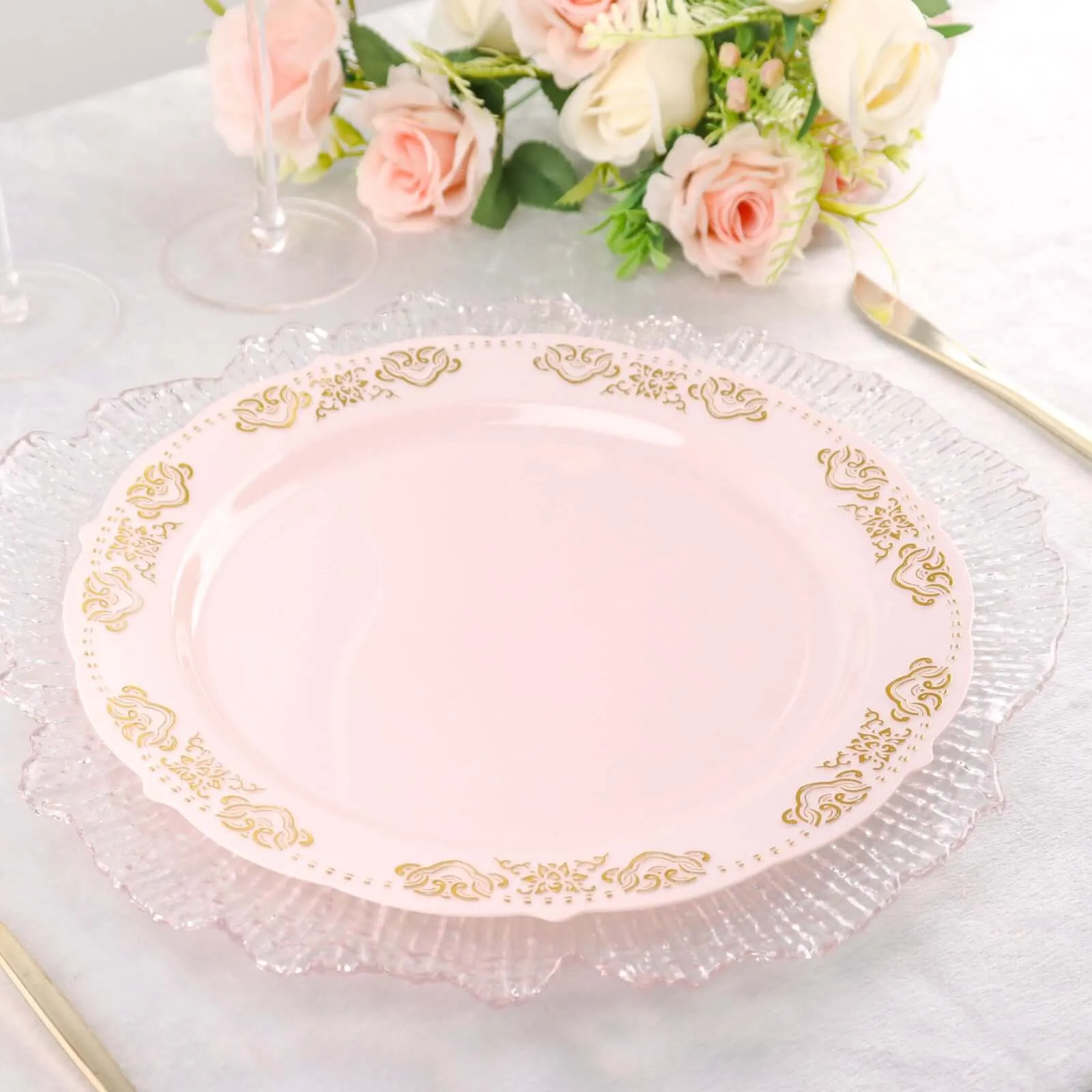 10 Pack Gold Embossed 10" Plastic Dinner Plates - Round Blush With Scalloped Edges