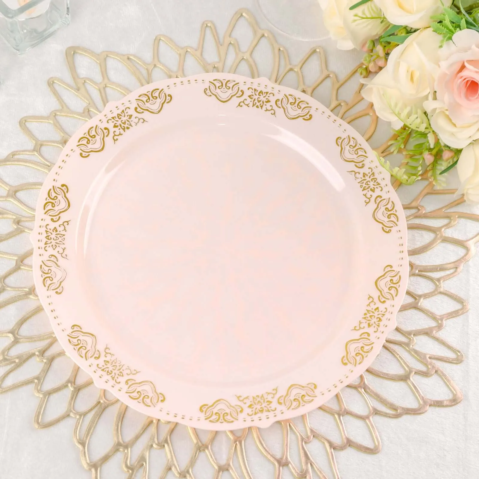 10 Pack Gold Embossed 10" Plastic Dinner Plates - Round Blush With Scalloped Edges