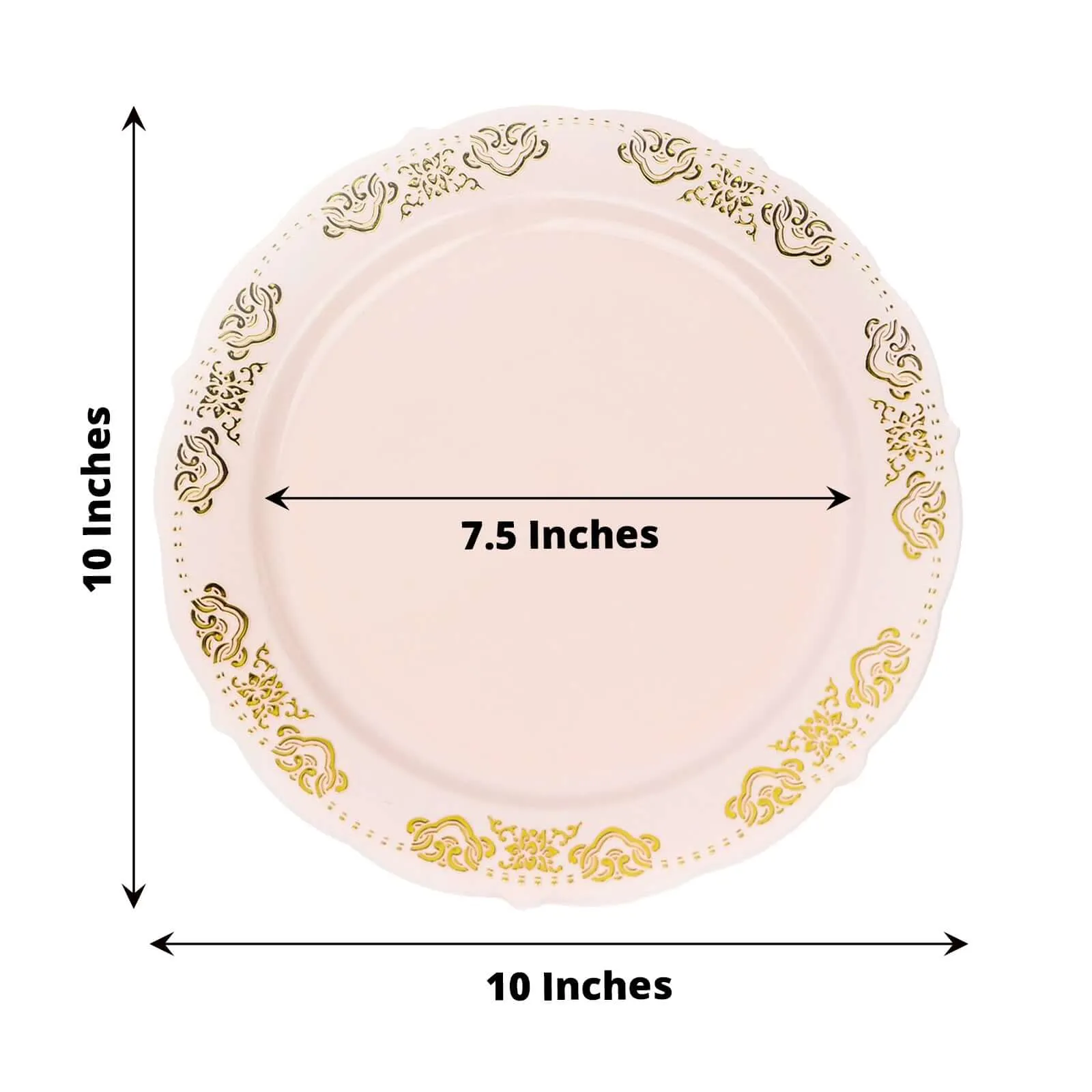 10 Pack Gold Embossed 10" Plastic Dinner Plates - Round Blush With Scalloped Edges