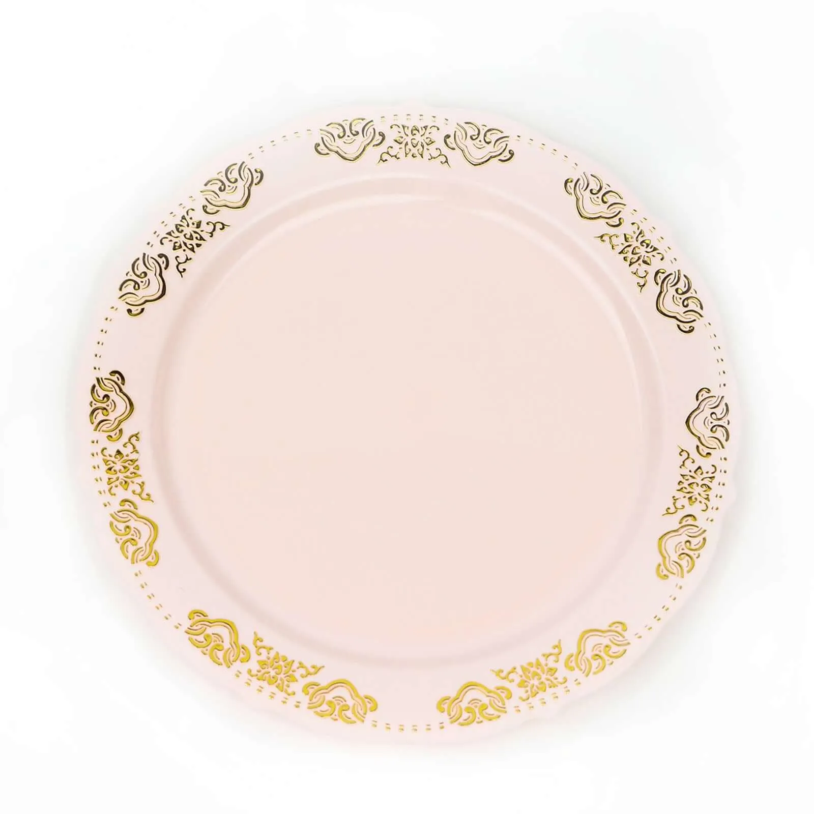 10 Pack Gold Embossed 10" Plastic Dinner Plates - Round Blush With Scalloped Edges