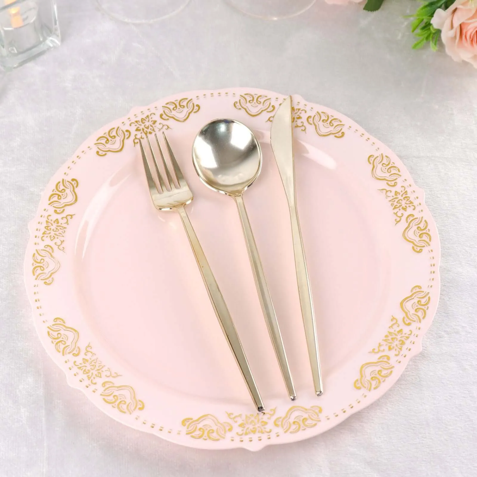 10 Pack Gold Embossed 10" Plastic Dinner Plates - Round Blush With Scalloped Edges