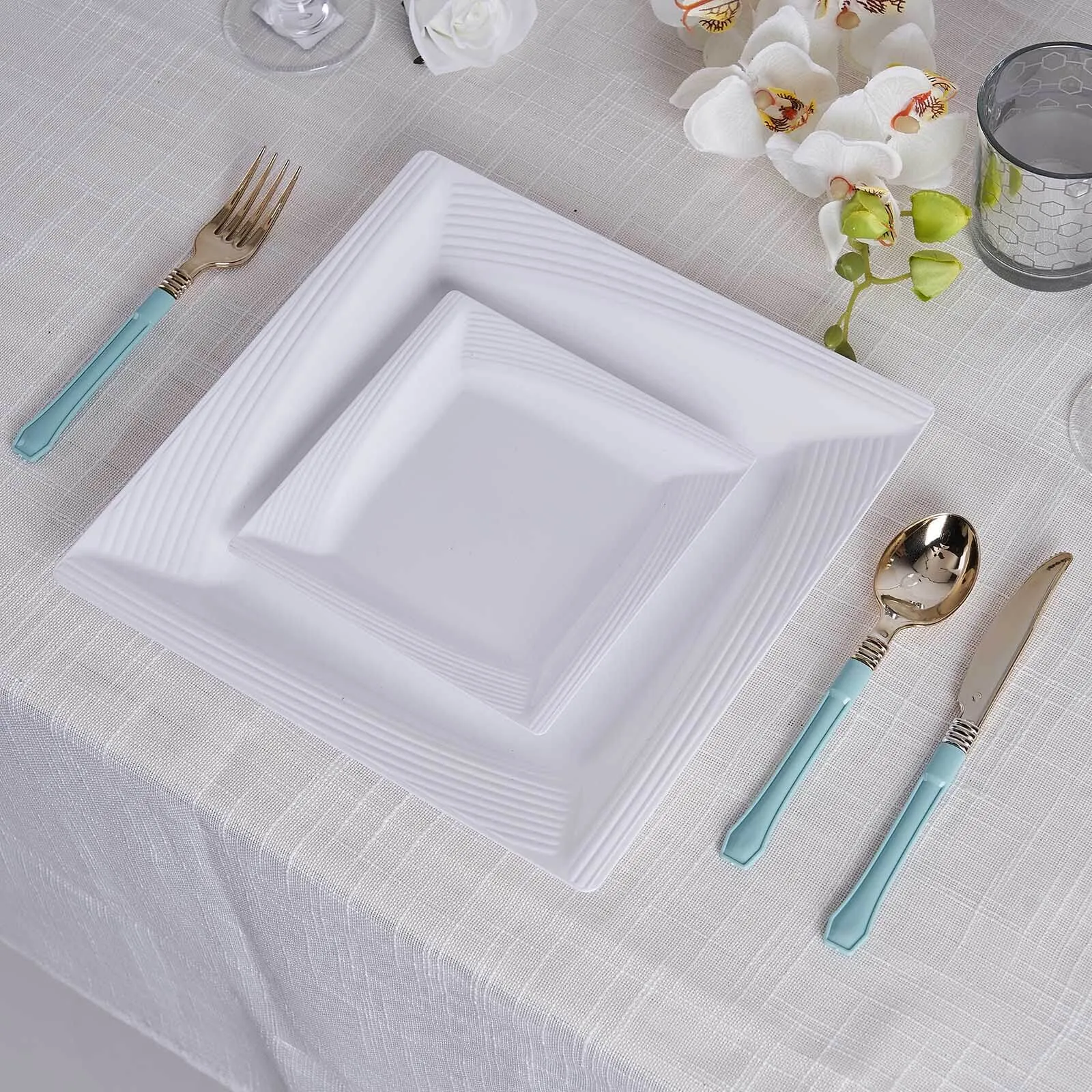 10 Pack White 6" Square Geometric Ridge Trim Plastic Salad Plates, Disposable Appetizer Plates