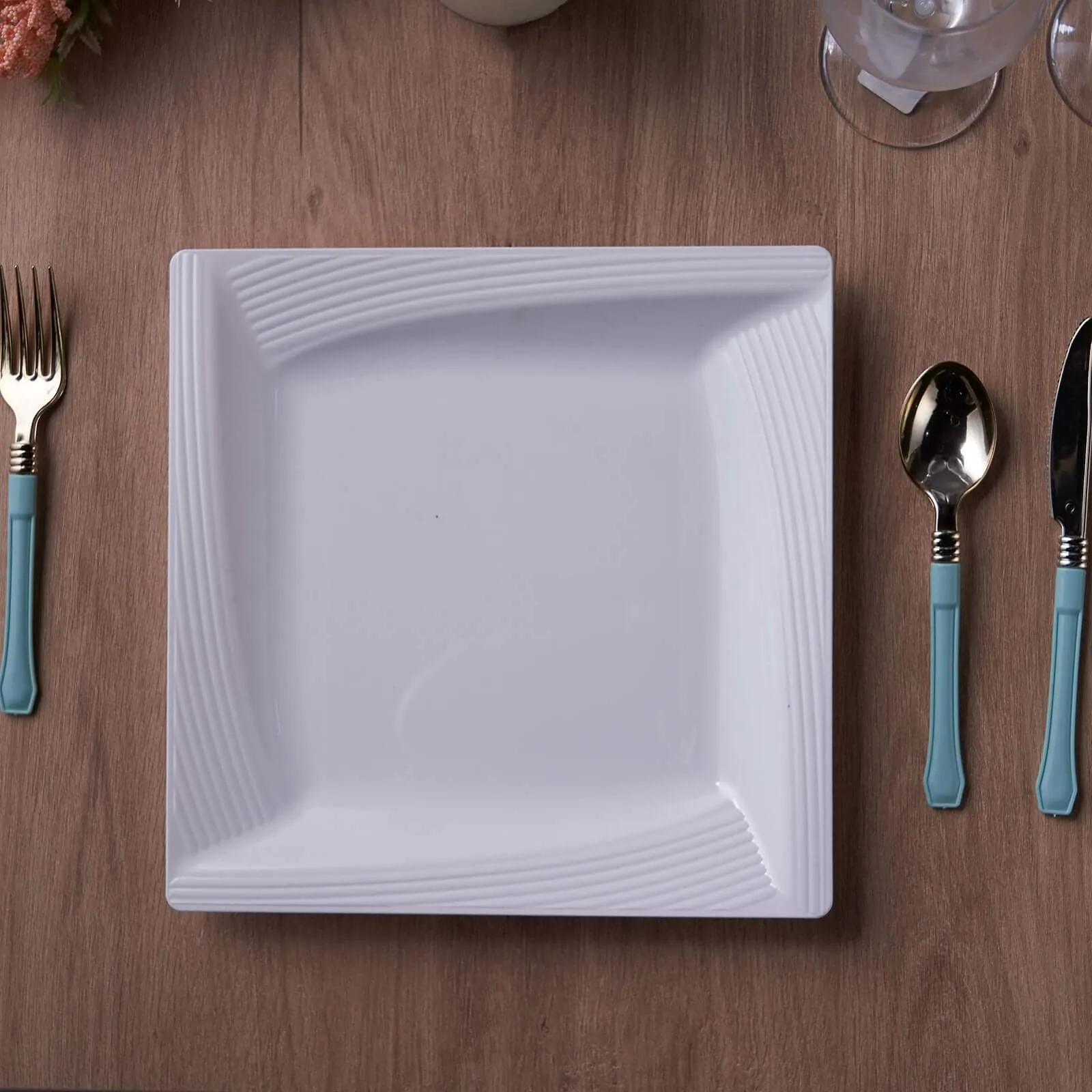 10 Pack White 6" Square Geometric Ridge Trim Plastic Salad Plates, Disposable Appetizer Plates