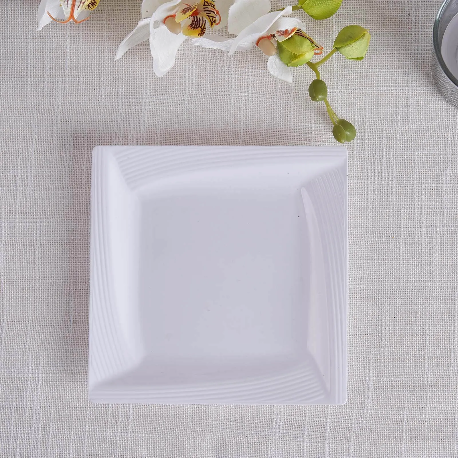 10 Pack White 6" Square Geometric Ridge Trim Plastic Salad Plates, Disposable Appetizer Plates