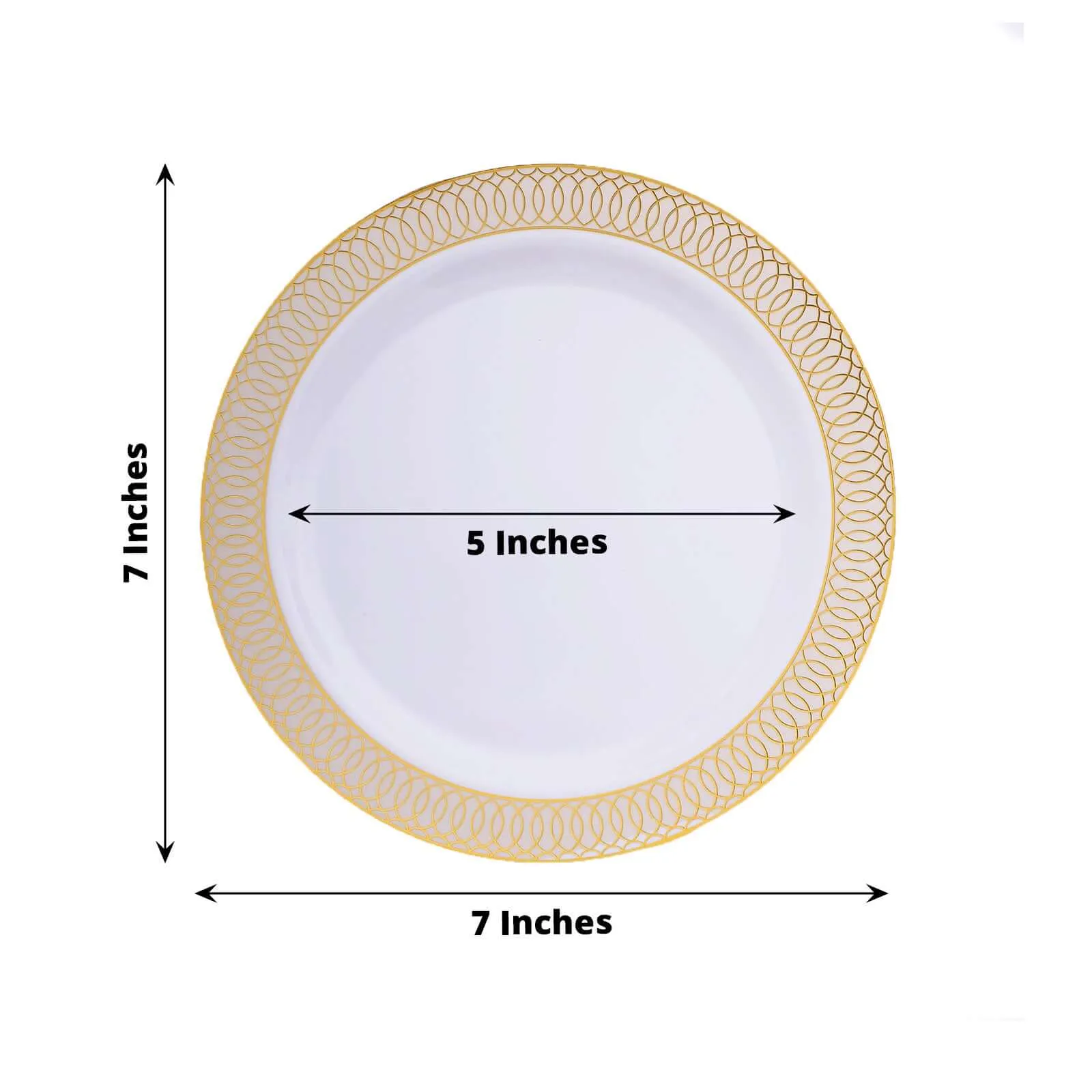 10 Pack White Disposable Salad Plates With Beige Gold Spiral Rim, 7" Round Plastic Dessert Appetizer Plates