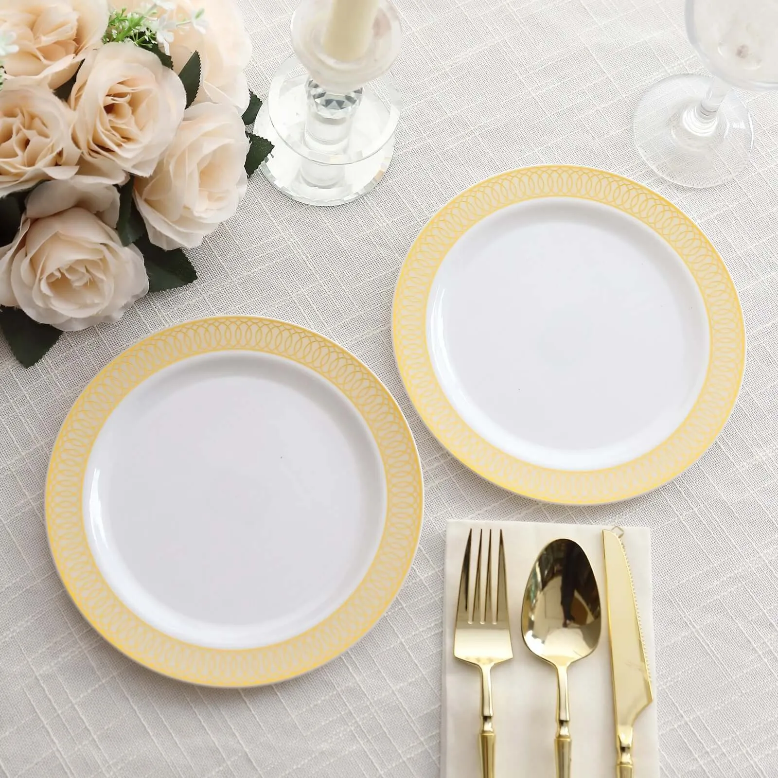 10 Pack White Disposable Salad Plates With Beige Gold Spiral Rim, 7" Round Plastic Dessert Appetizer Plates