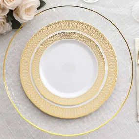 10 Pack White Disposable Salad Plates With Beige Gold Spiral Rim, 7" Round Plastic Dessert Appetizer Plates