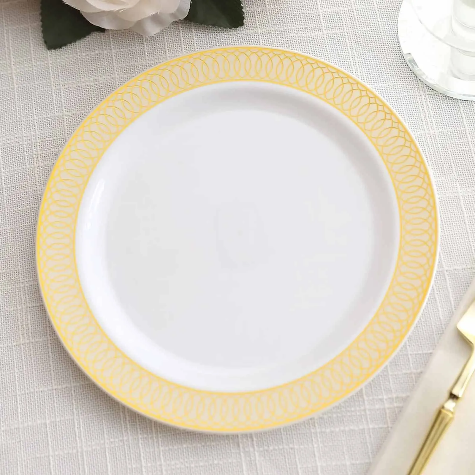 10 Pack White Disposable Salad Plates With Beige Gold Spiral Rim, 7" Round Plastic Dessert Appetizer Plates