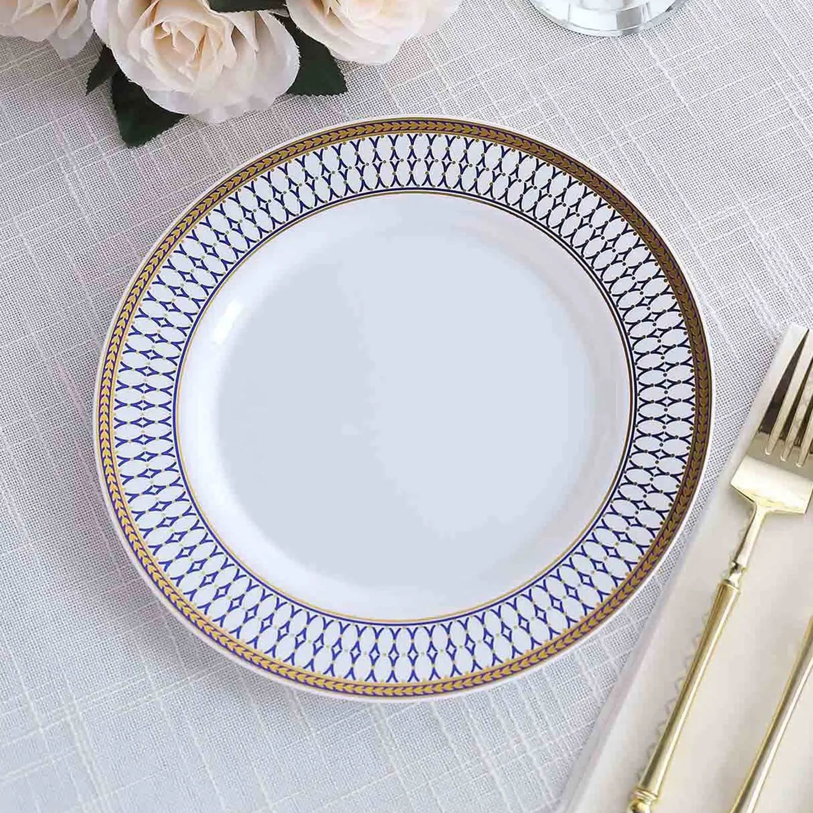 10 Pack White Renaissance Plastic Party Plates With Gold Navy Blue Chord Rim, Round Disposable Dinner Plates - 9"