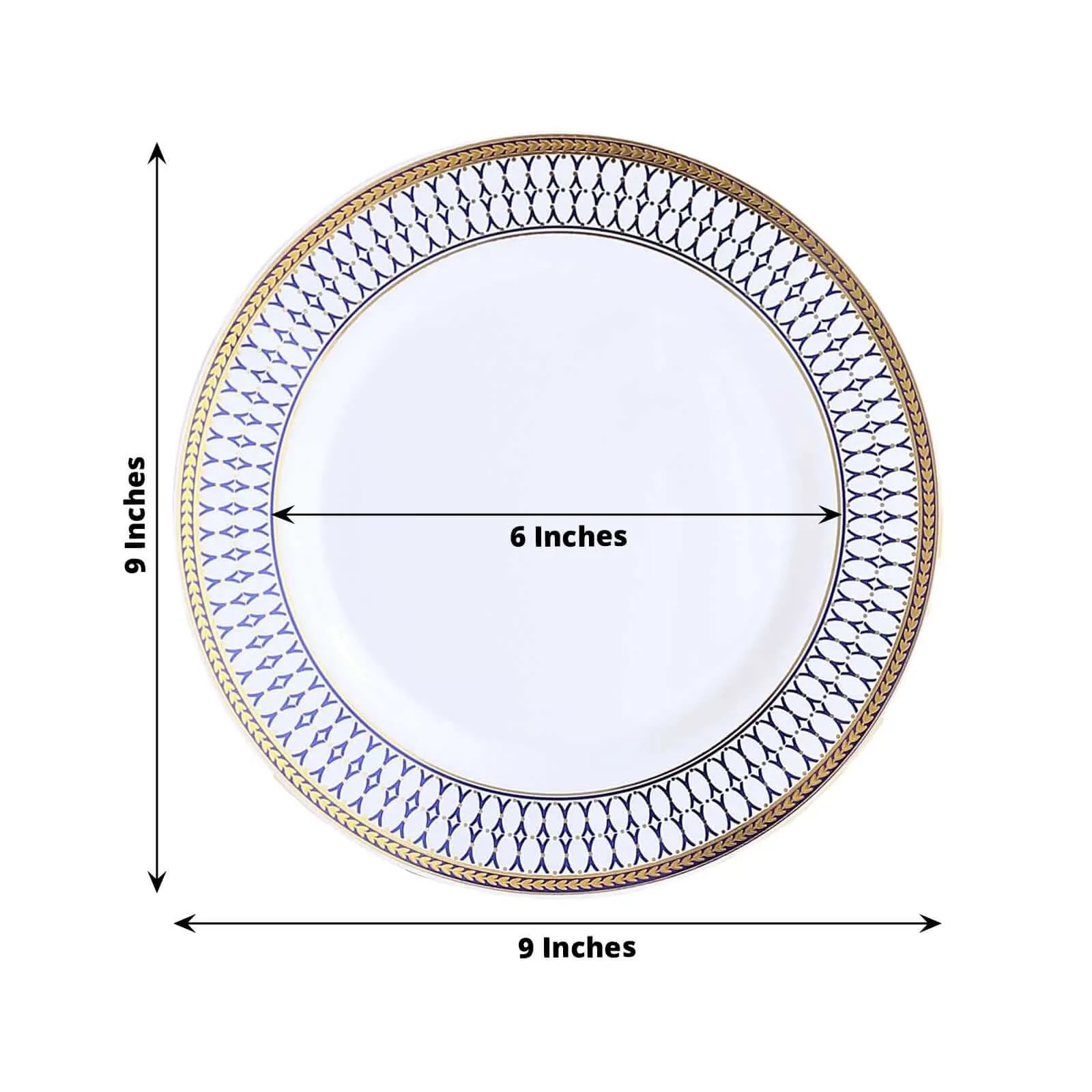 10 Pack White Renaissance Plastic Party Plates With Gold Navy Blue Chord Rim, Round Disposable Dinner Plates - 9"