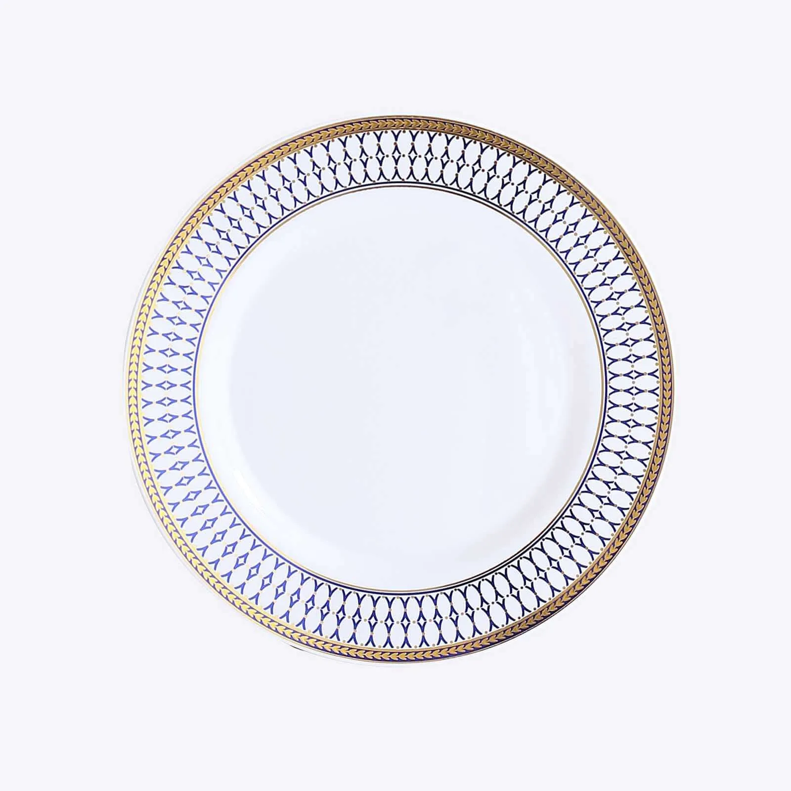 10 Pack White Renaissance Plastic Party Plates With Gold Navy Blue Chord Rim, Round Disposable Dinner Plates - 9"