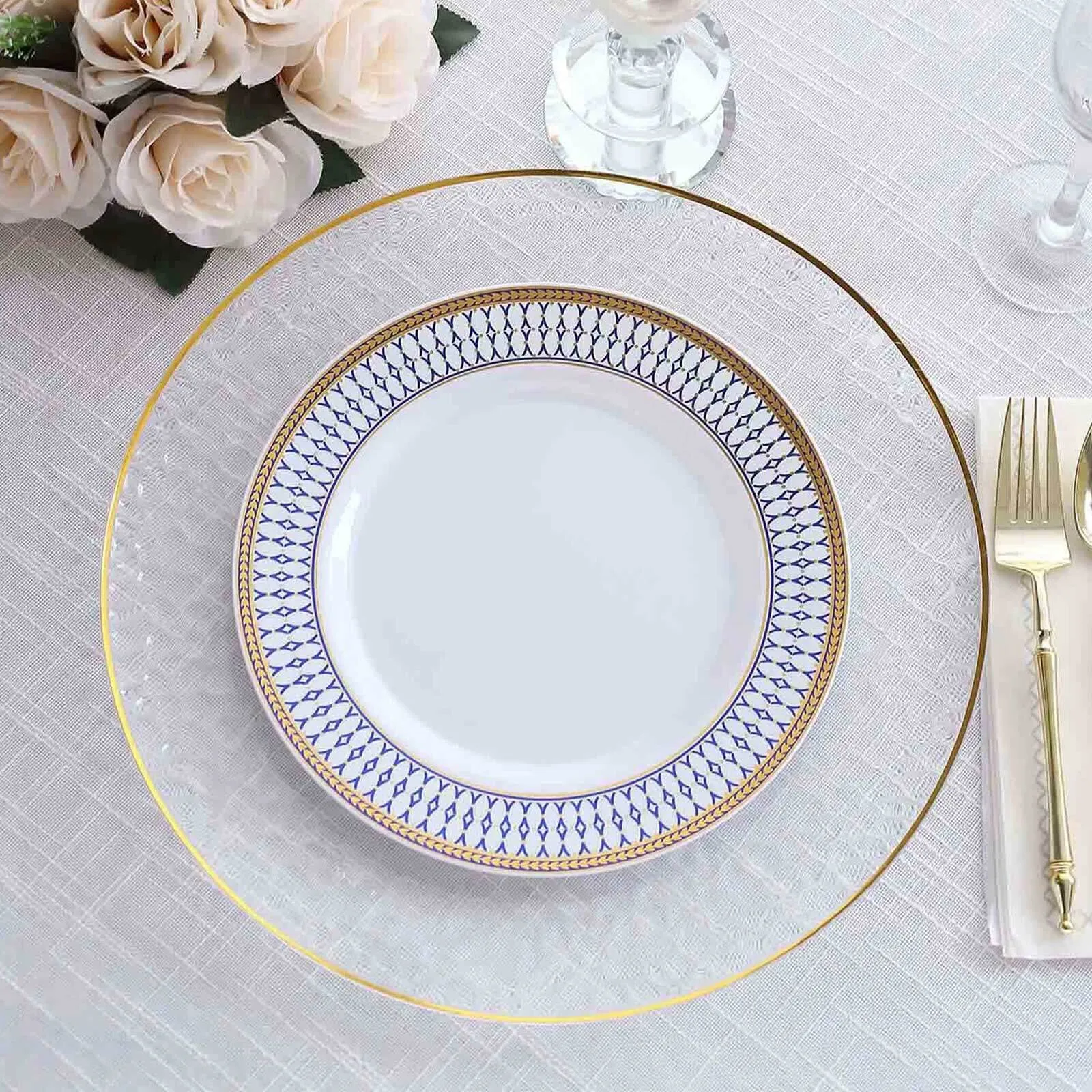 10 Pack White Renaissance Plastic Party Plates With Gold Navy Blue Chord Rim, Round Disposable Dinner Plates - 9"