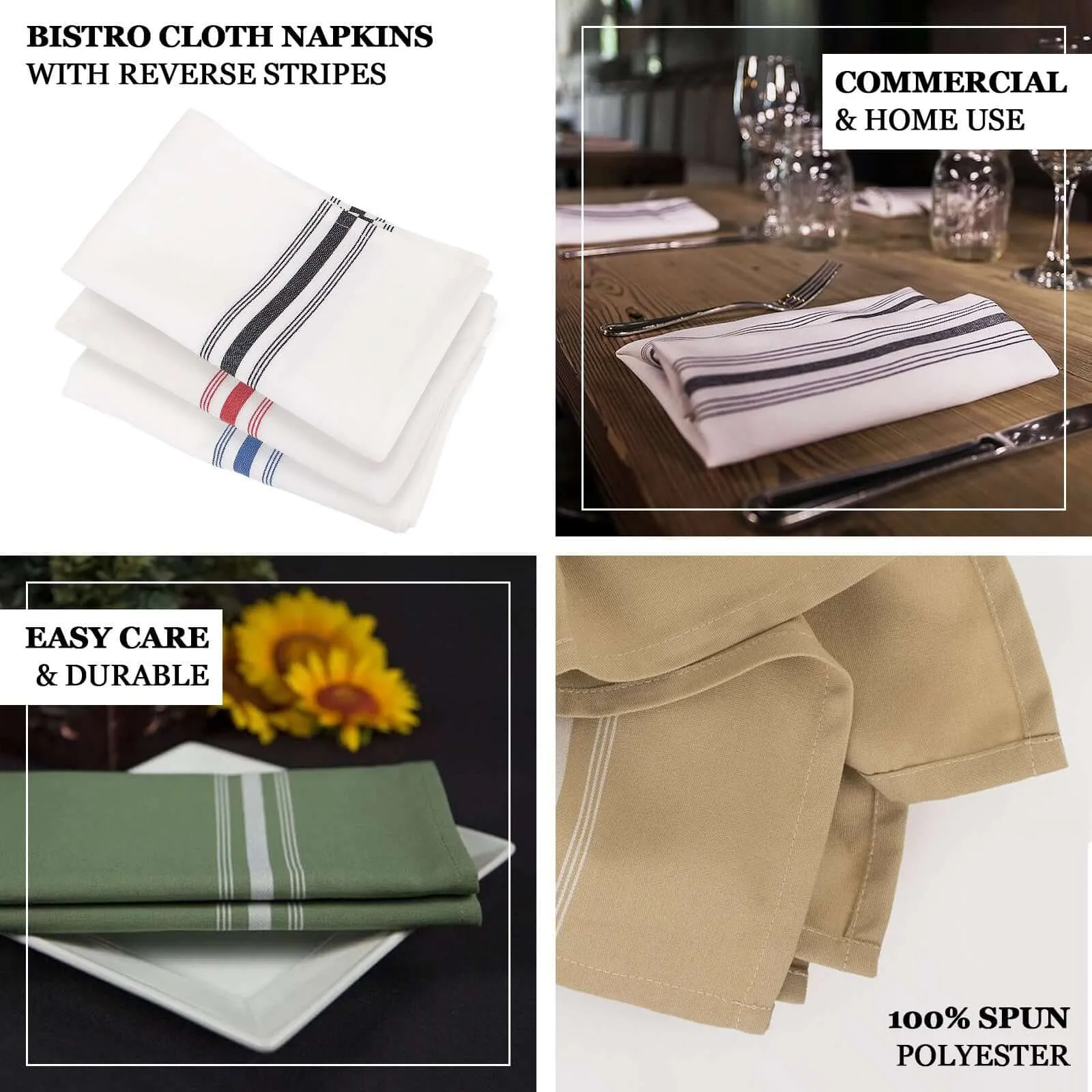 10 Pack White Spun Polyester Cloth Napkins with Black Reverse Stripes, Premium Restaurant Quality Bistro Napkins - 18"x22"