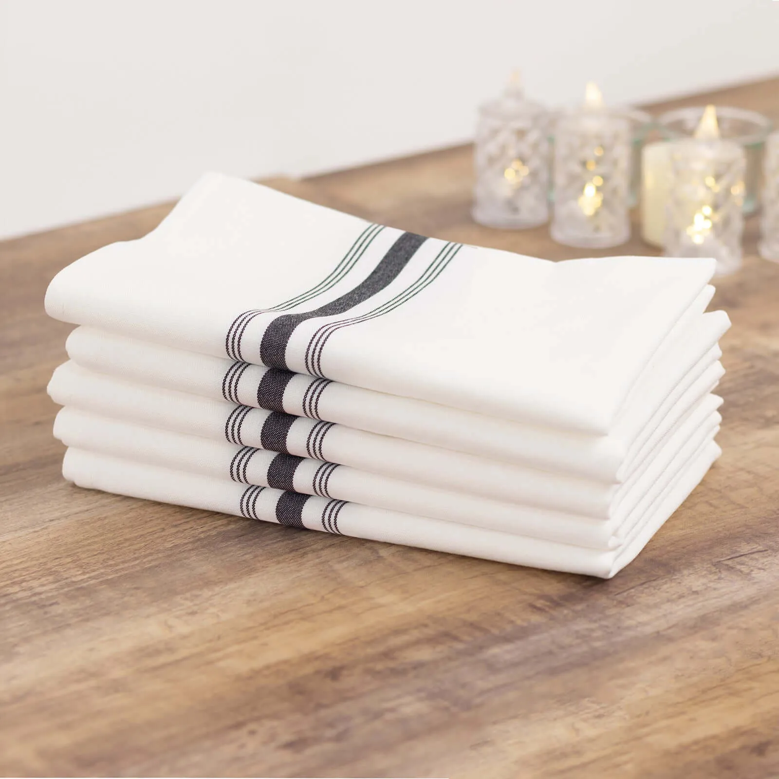 10 Pack White Spun Polyester Cloth Napkins with Black Reverse Stripes, Premium Restaurant Quality Bistro Napkins - 18"x22"