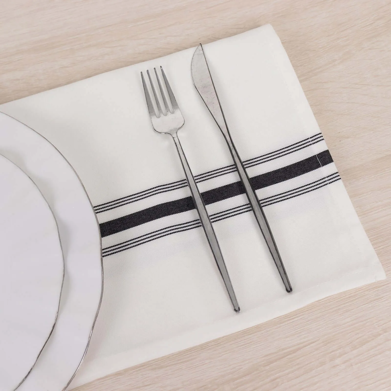 10 Pack White Spun Polyester Cloth Napkins with Black Reverse Stripes, Premium Restaurant Quality Bistro Napkins - 18"x22"