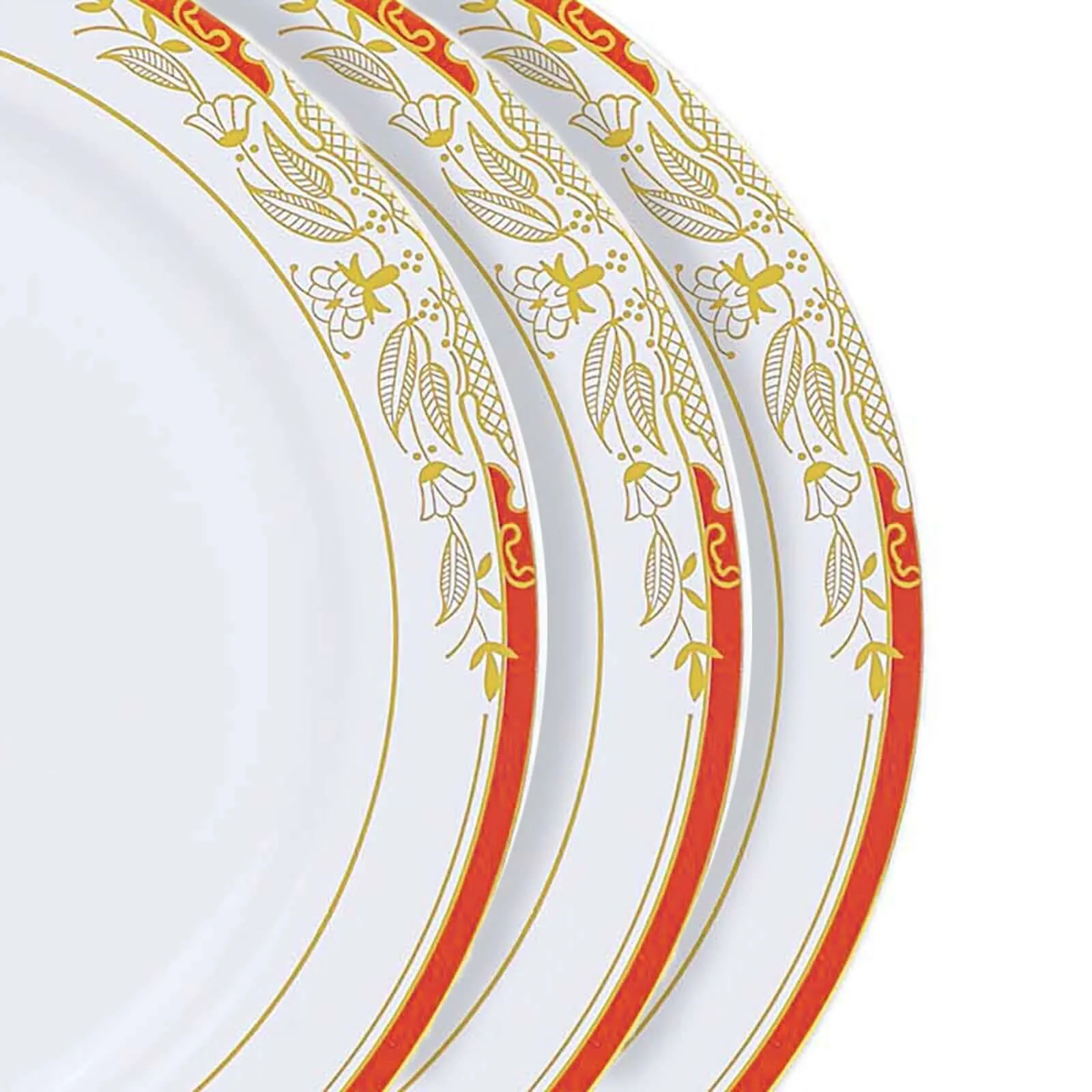 10 Pack White With Red Rim 10" Plastic Dinner Plates, Round With Gold Vine Design