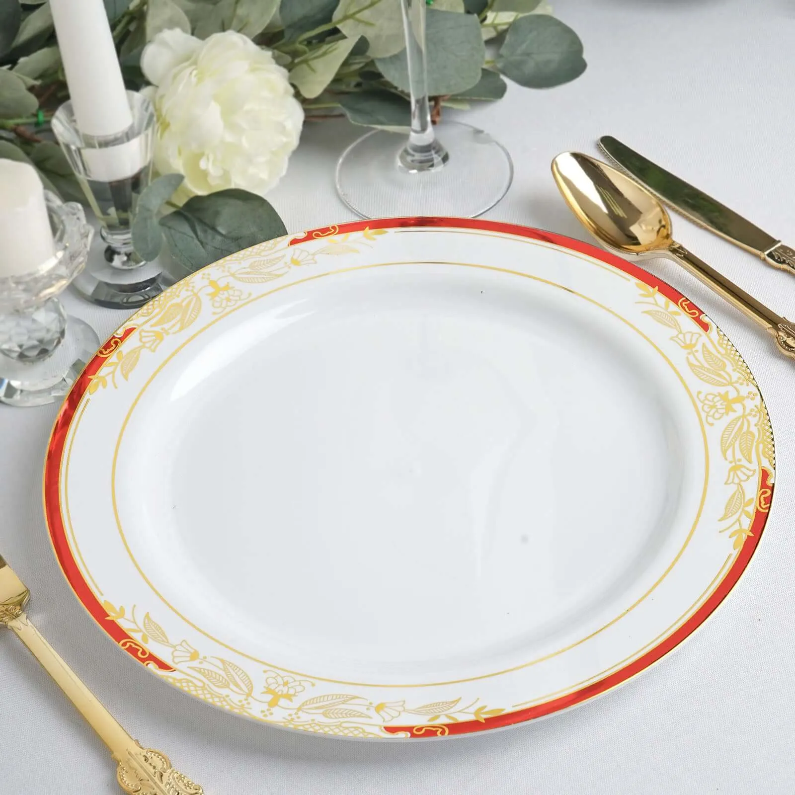 10 Pack White With Red Rim 10" Plastic Dinner Plates, Round With Gold Vine Design