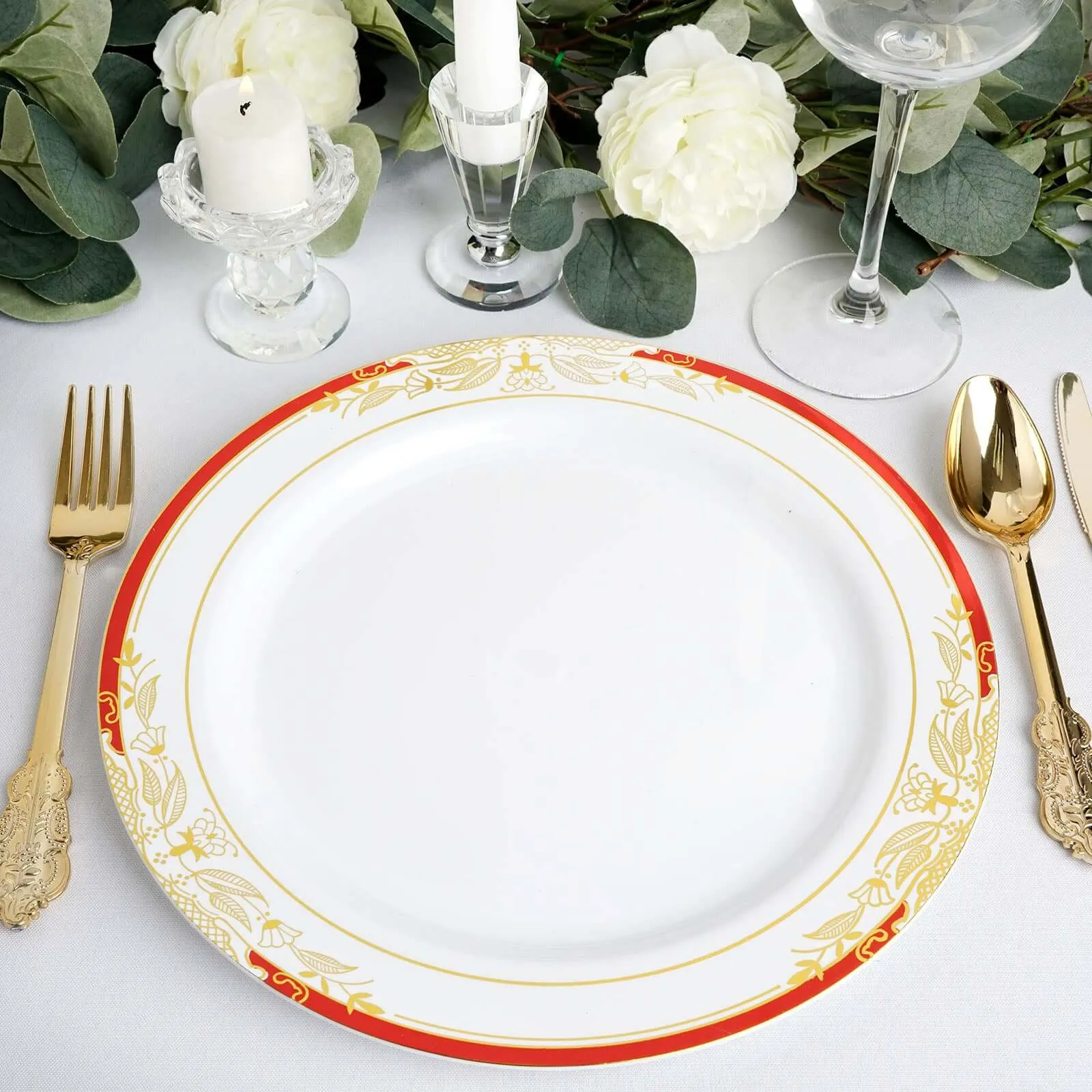 10 Pack White With Red Rim 10" Plastic Dinner Plates, Round With Gold Vine Design