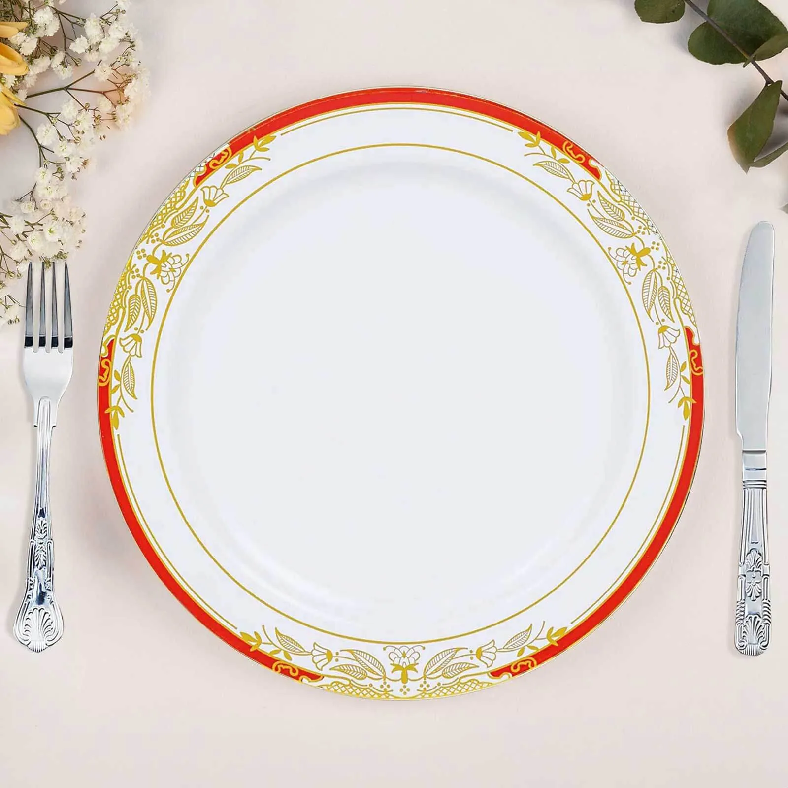 10 Pack White With Red Rim 10" Plastic Dinner Plates, Round With Gold Vine Design