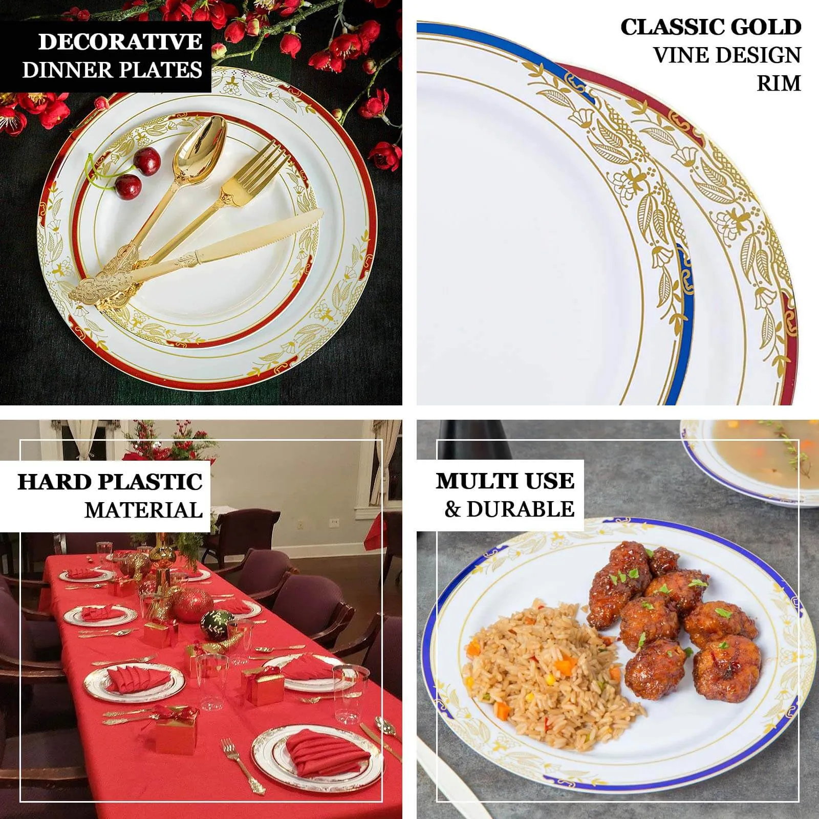 10 Pack White With Red Rim 10" Plastic Dinner Plates, Round With Gold Vine Design