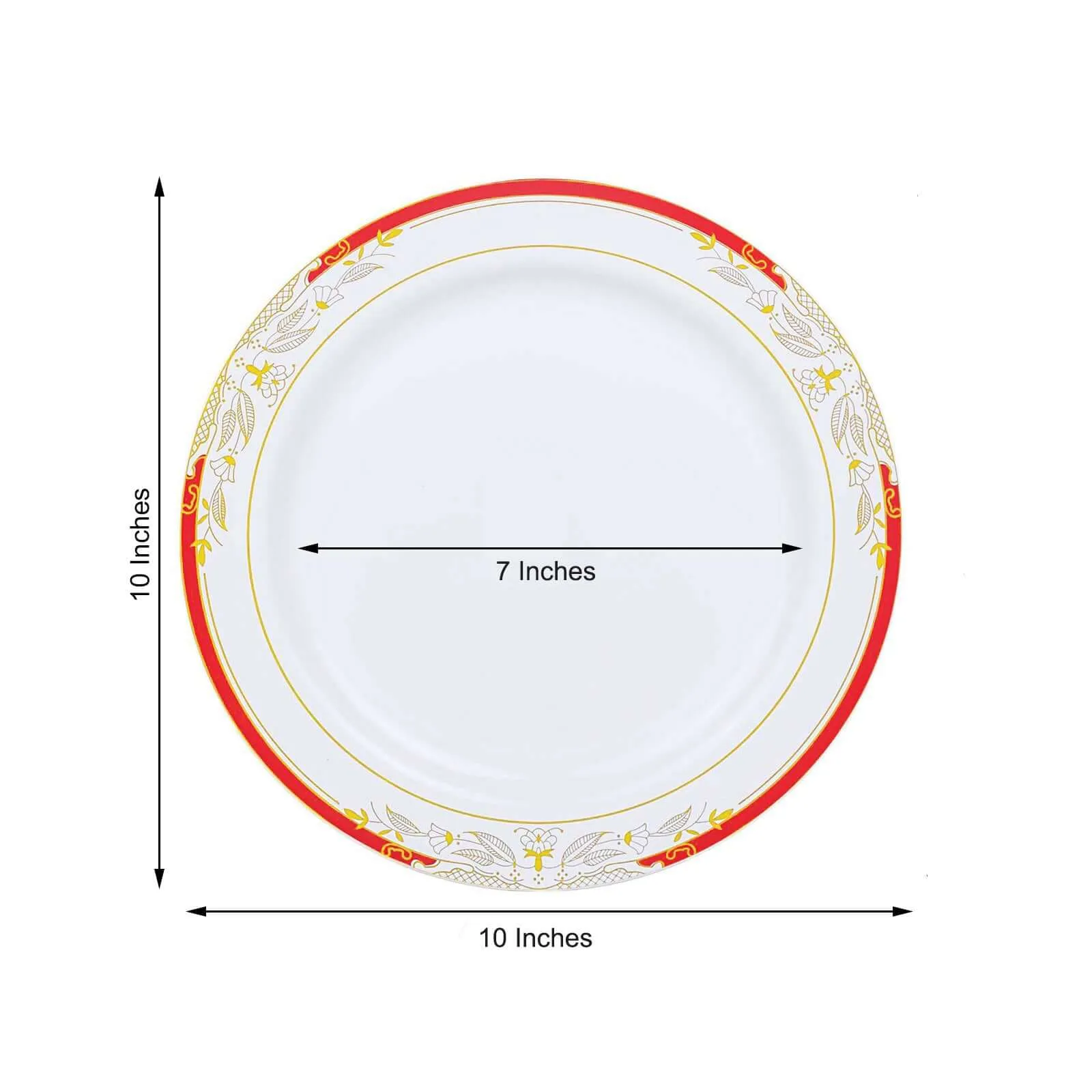 10 Pack White With Red Rim 10" Plastic Dinner Plates, Round With Gold Vine Design