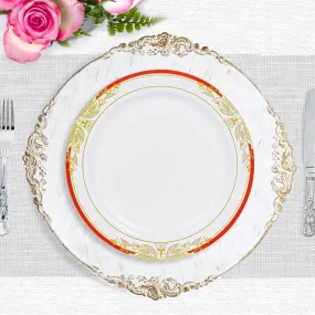 10 Pack White With Red Rim 10" Plastic Dinner Plates, Round With Gold Vine Design