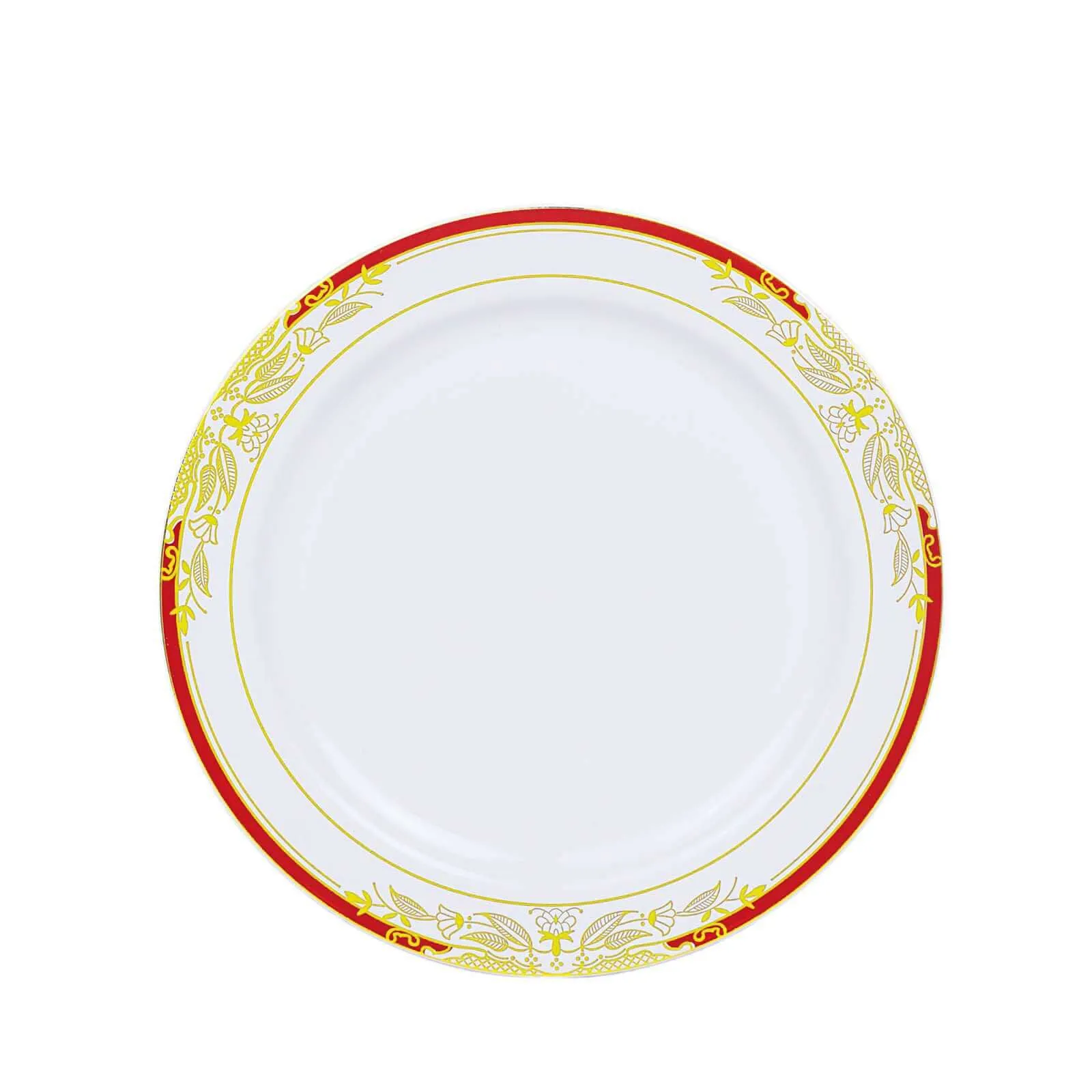 10 Pack White With Red Rim 10" Plastic Dinner Plates, Round With Gold Vine Design