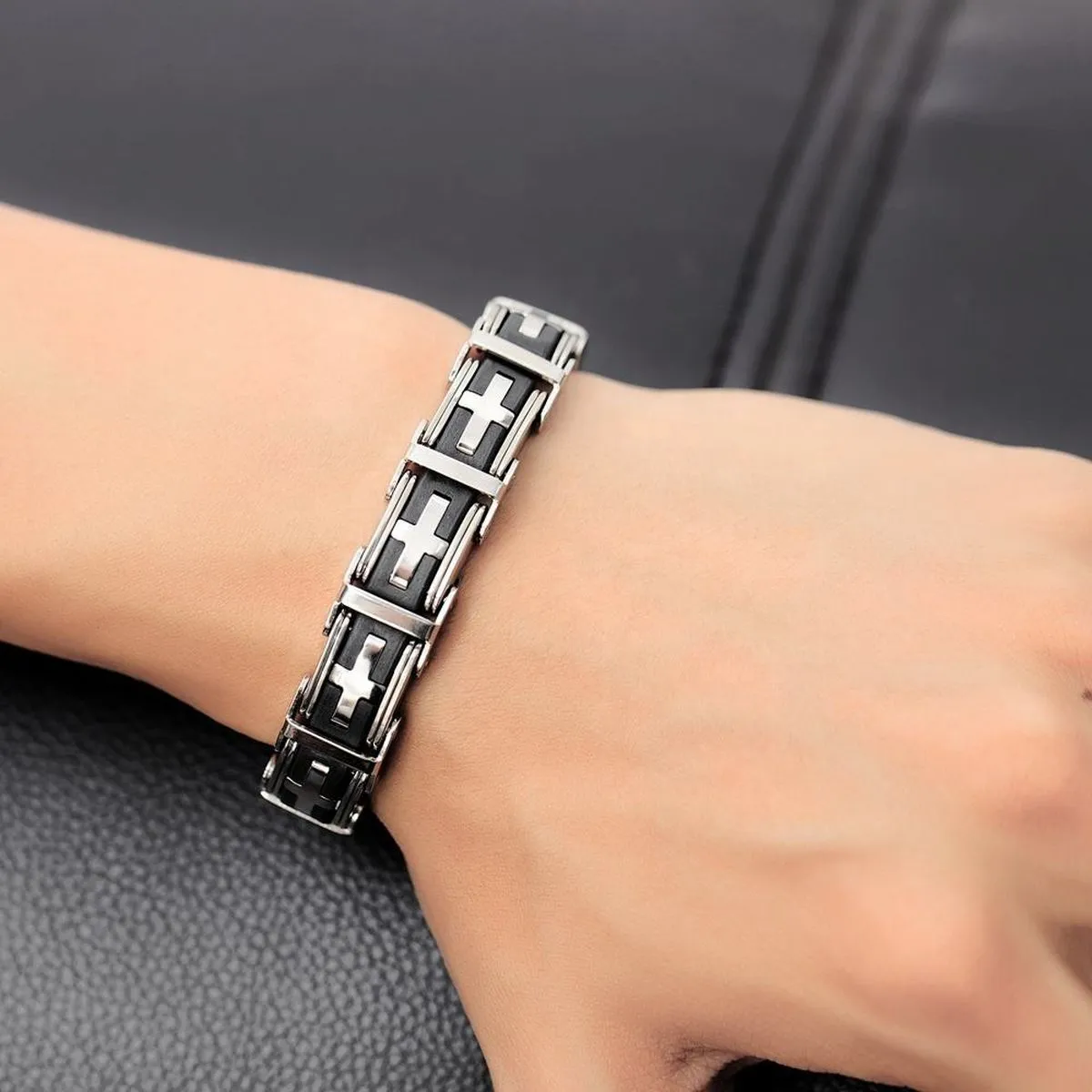 3D Cross Biker Black Silver Surgical Stainless Steel Bracelet For Men