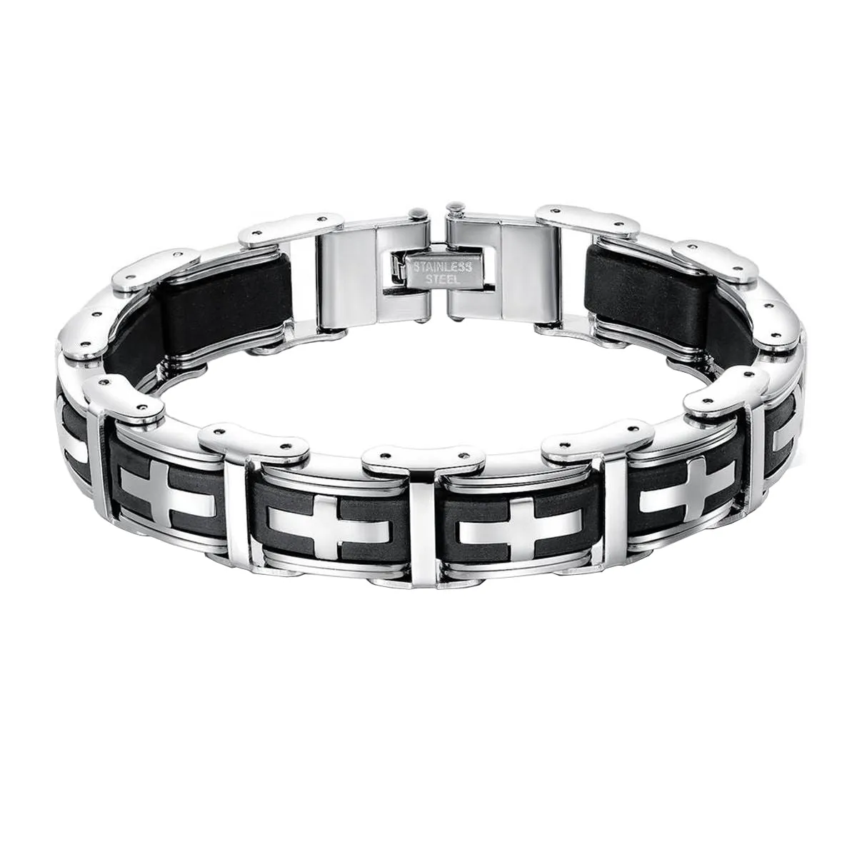 3D Cross Biker Black Silver Surgical Stainless Steel Bracelet For Men