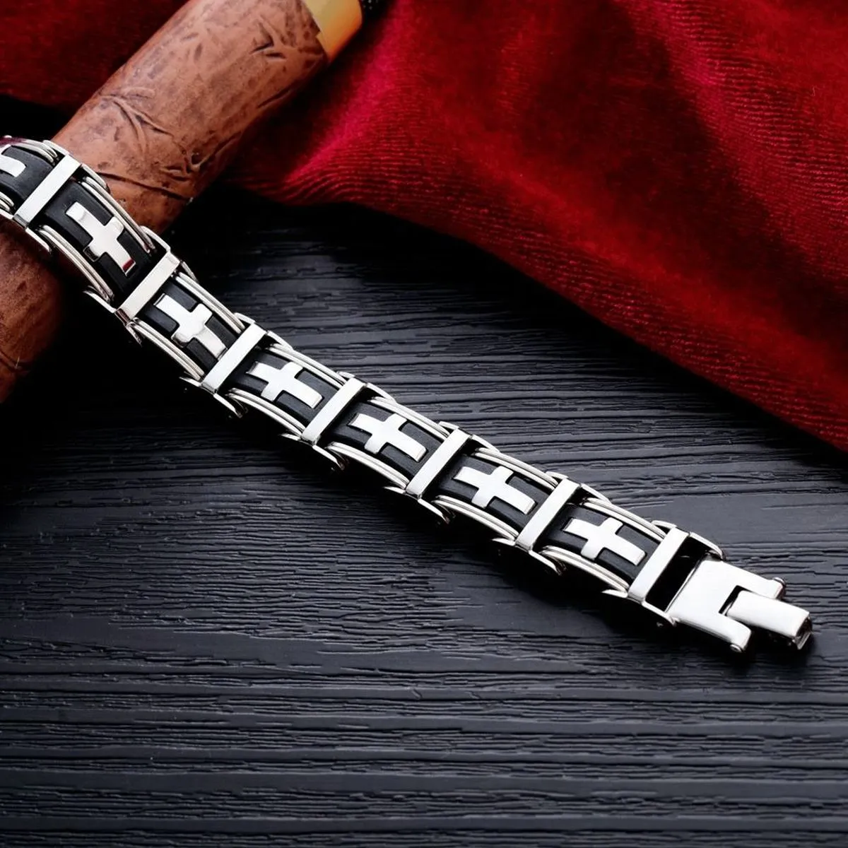 3D Cross Biker Black Silver Surgical Stainless Steel Bracelet For Men