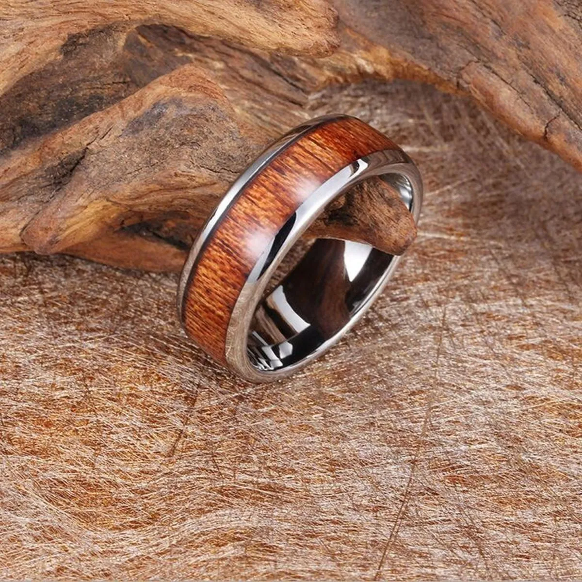 8Mm Silver Stainless Steel Ring Vintage Engagement Promise Band Wood