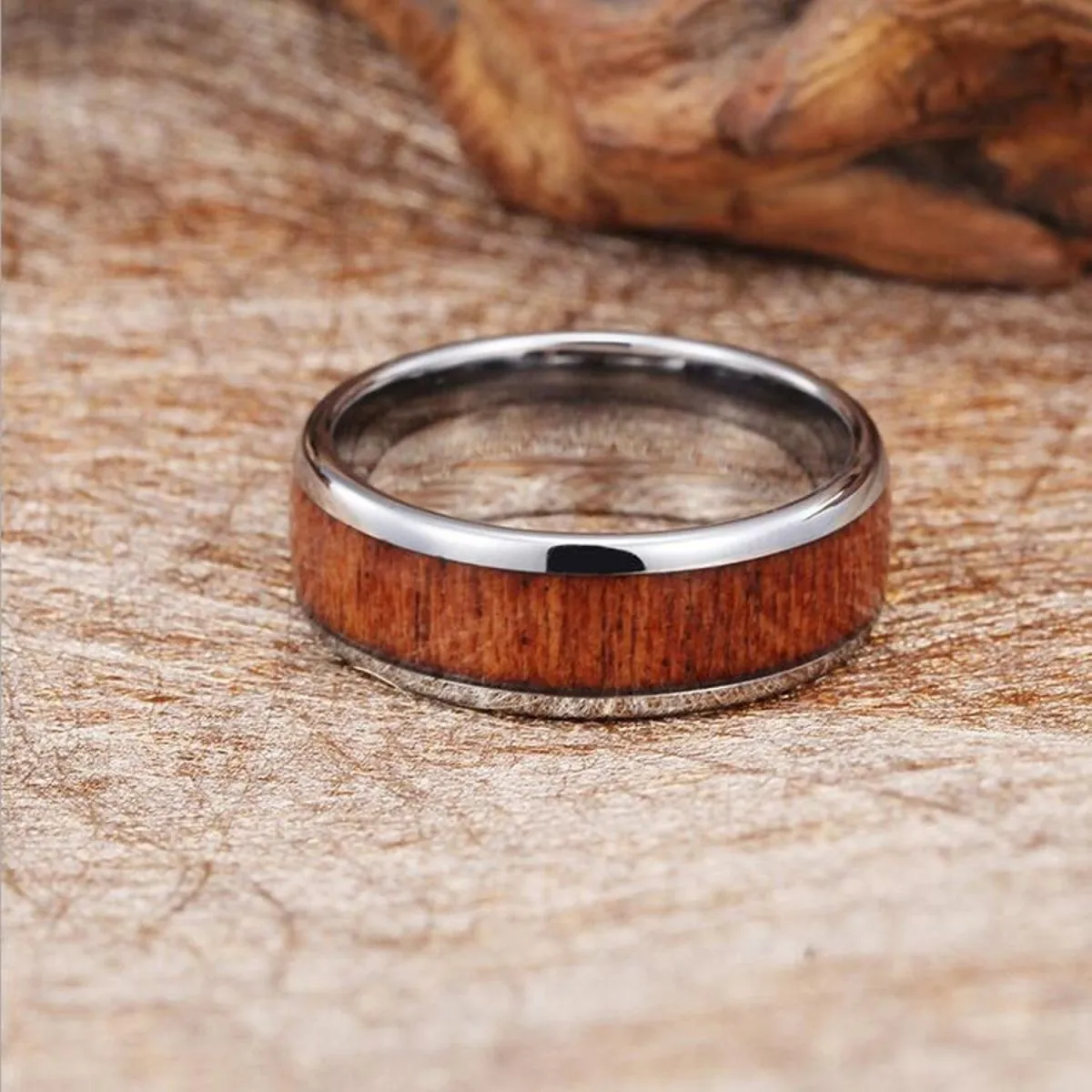 8Mm Silver Stainless Steel Ring Vintage Engagement Promise Band Wood