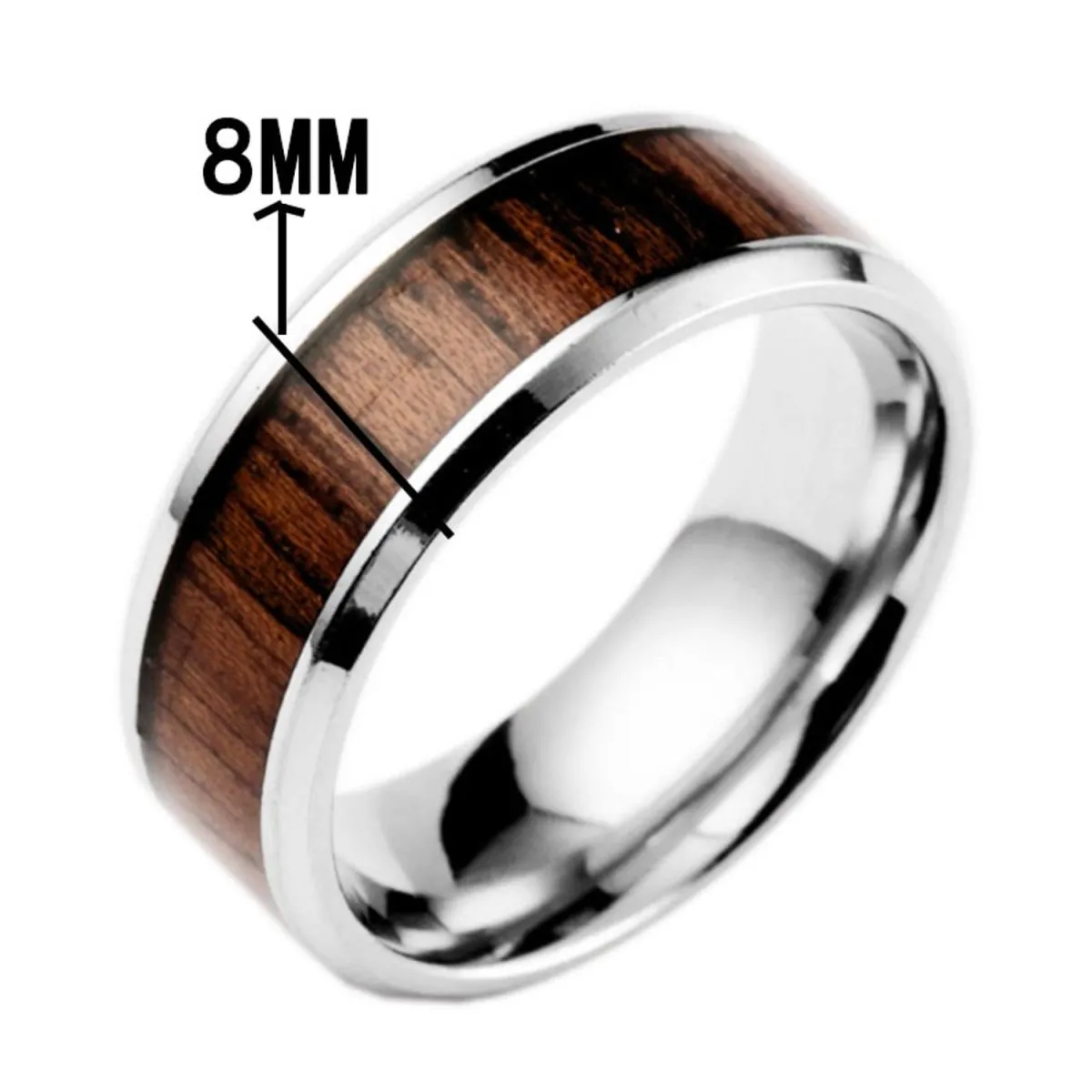 8Mm Silver Stainless Steel Ring Vintage Engagement Promise Band Wood