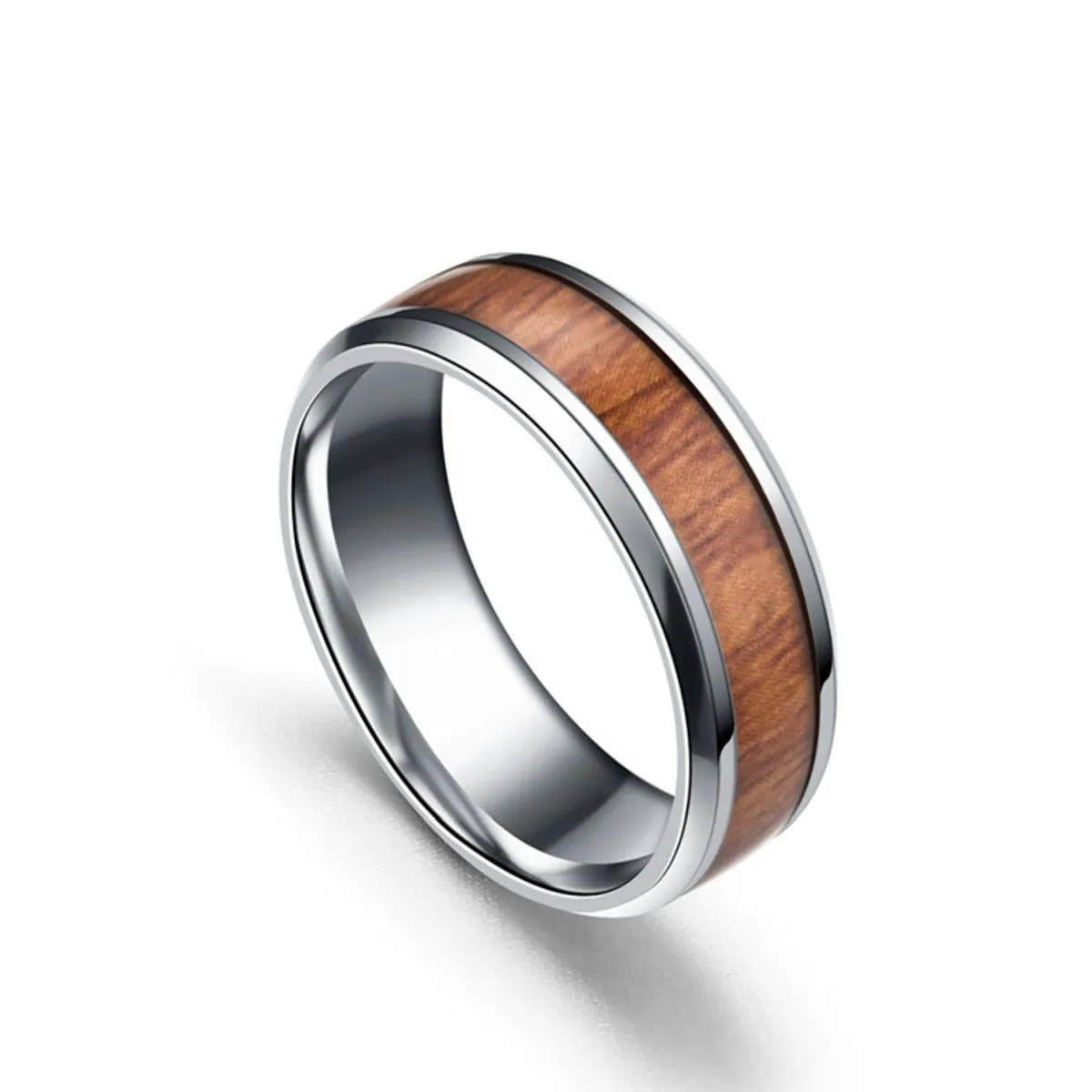 8Mm Silver Stainless Steel Ring Vintage Engagement Promise Band Wood